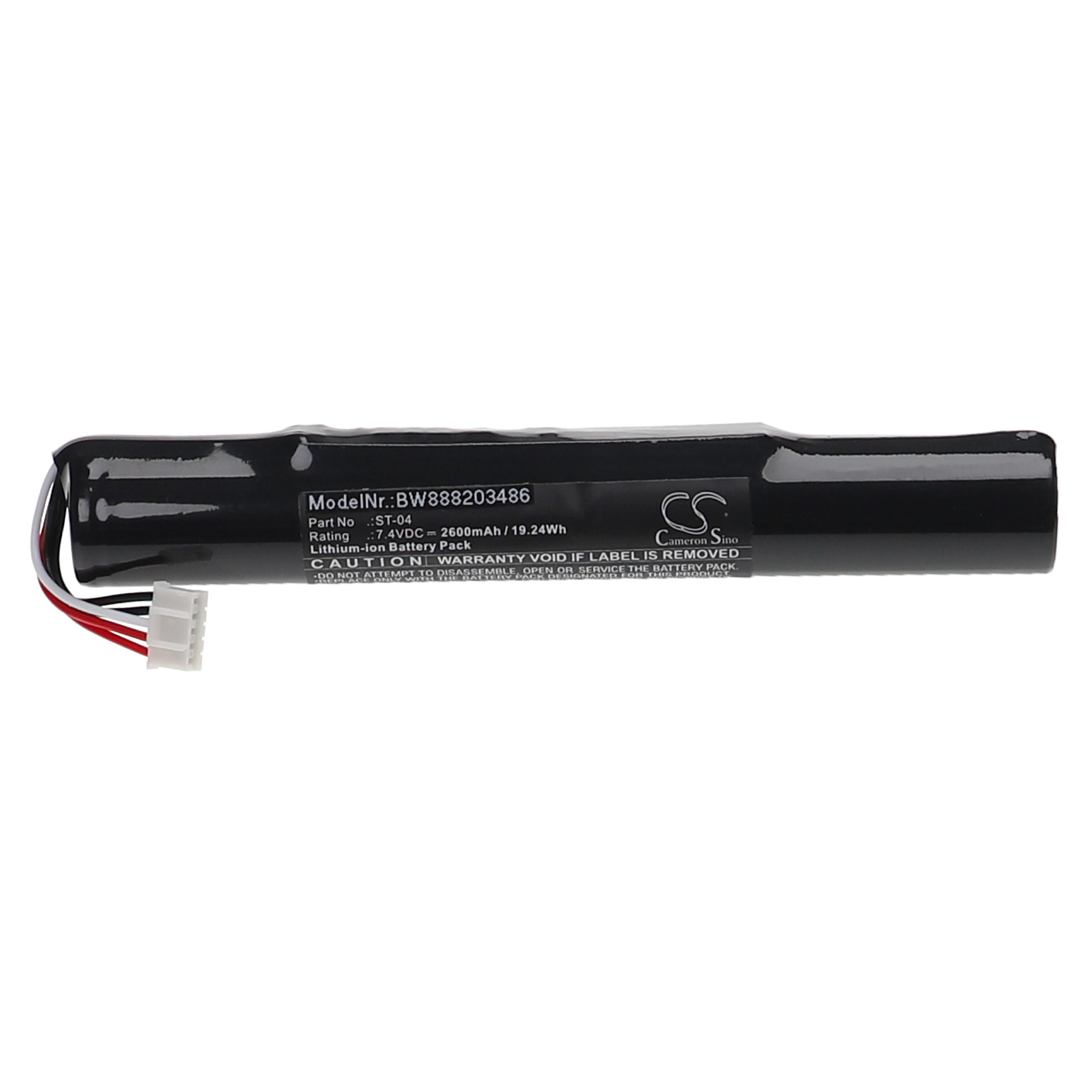Eine schwarze zylindrische Batterie mit weißem Stecker und Drähten, mit Text auf der Batterie.
