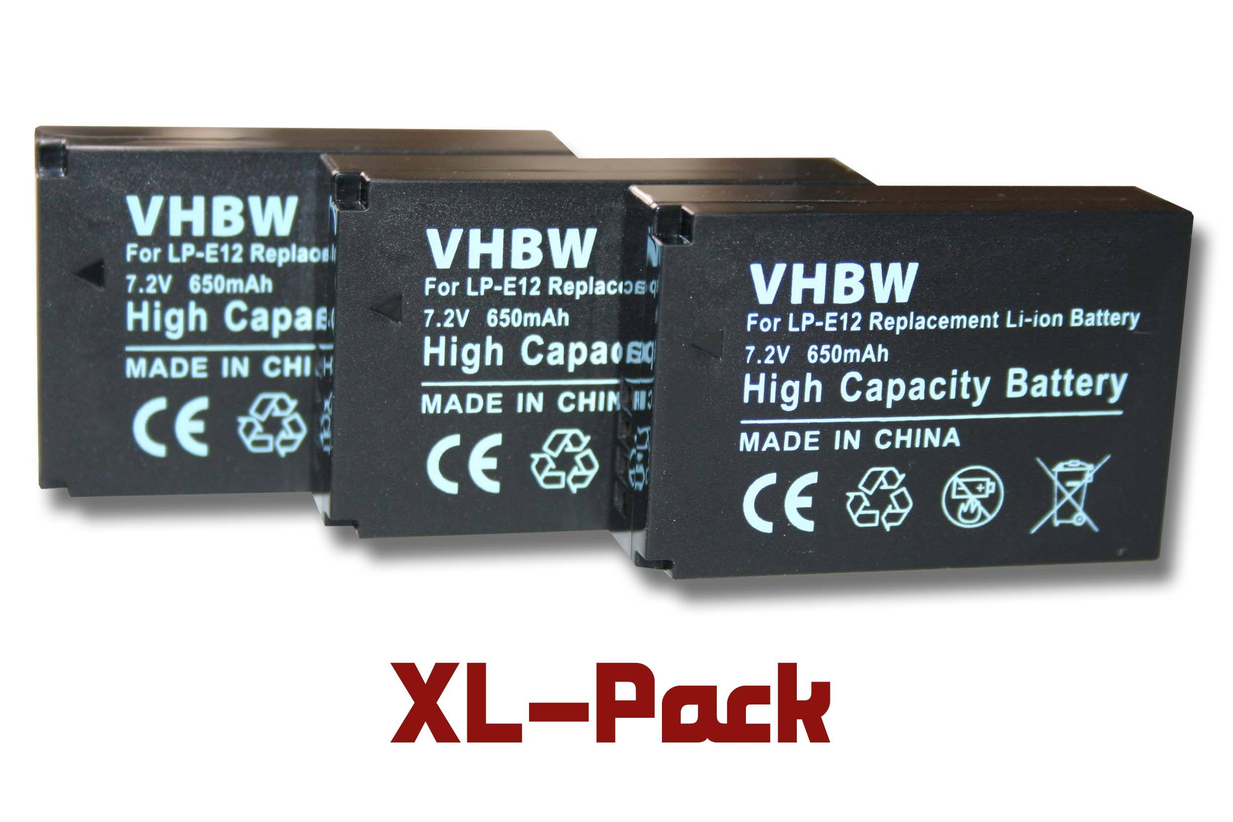 Drei schwarze Batterien mit der Aufschrift VHBW für LP-E12-Ersatz auf weißem Grund mit XL-Pack-Text.