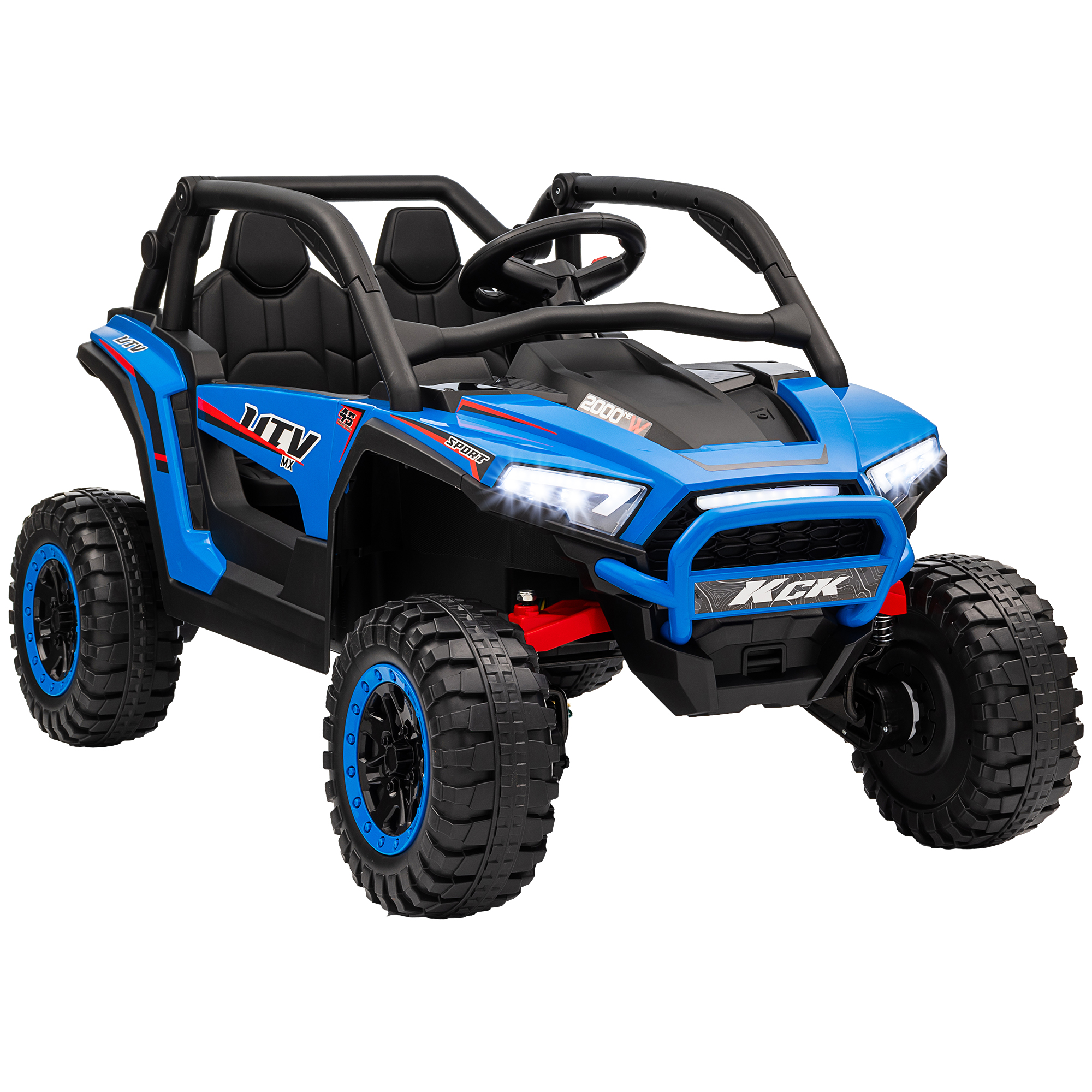 Un fuoristrada giocattolo blu e nero con pneumatici grandi e un roll-bar.