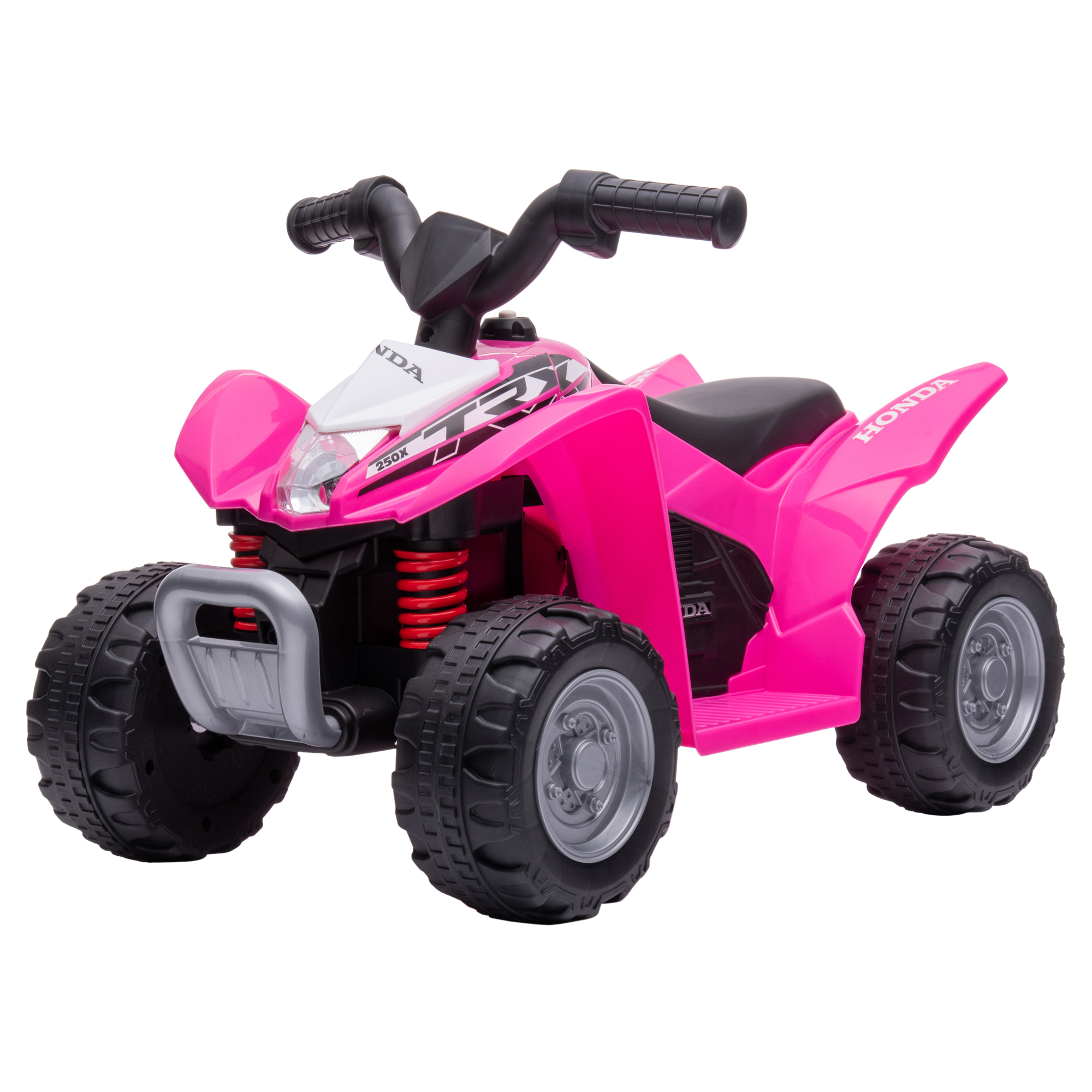 Una quad Honda TRX rosa per bambini, isolata su sfondo bianco.