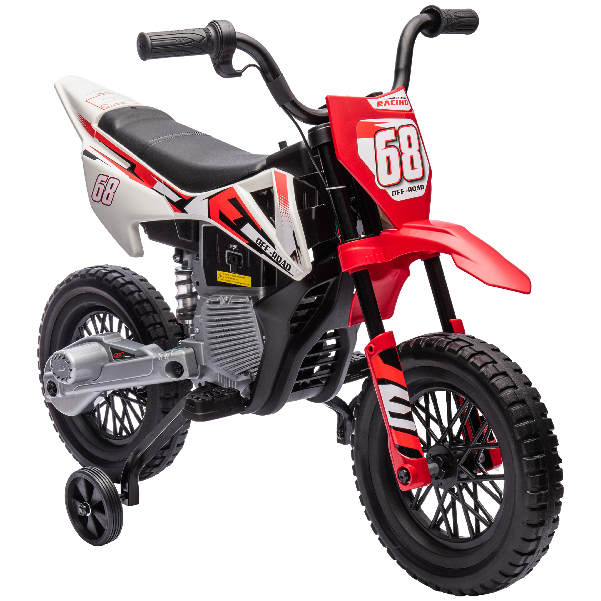 Una moto giocattolo rossa e bianca con rotelle viene mostrata su sfondo bianco.