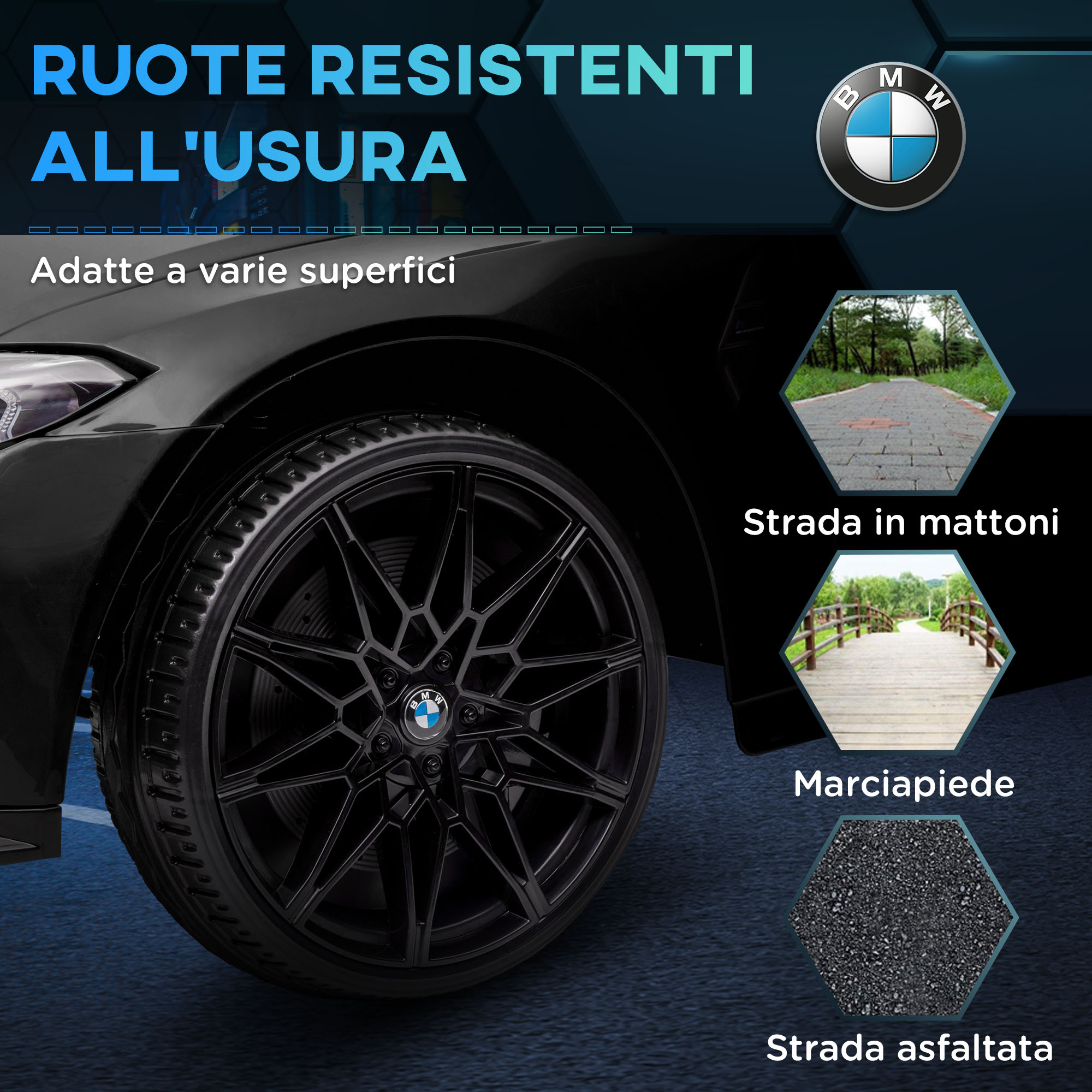 Ruota auto nera con logo BMW. La ruota è su un'auto nera. Include asfalto, mattoni e sentiero in legno.