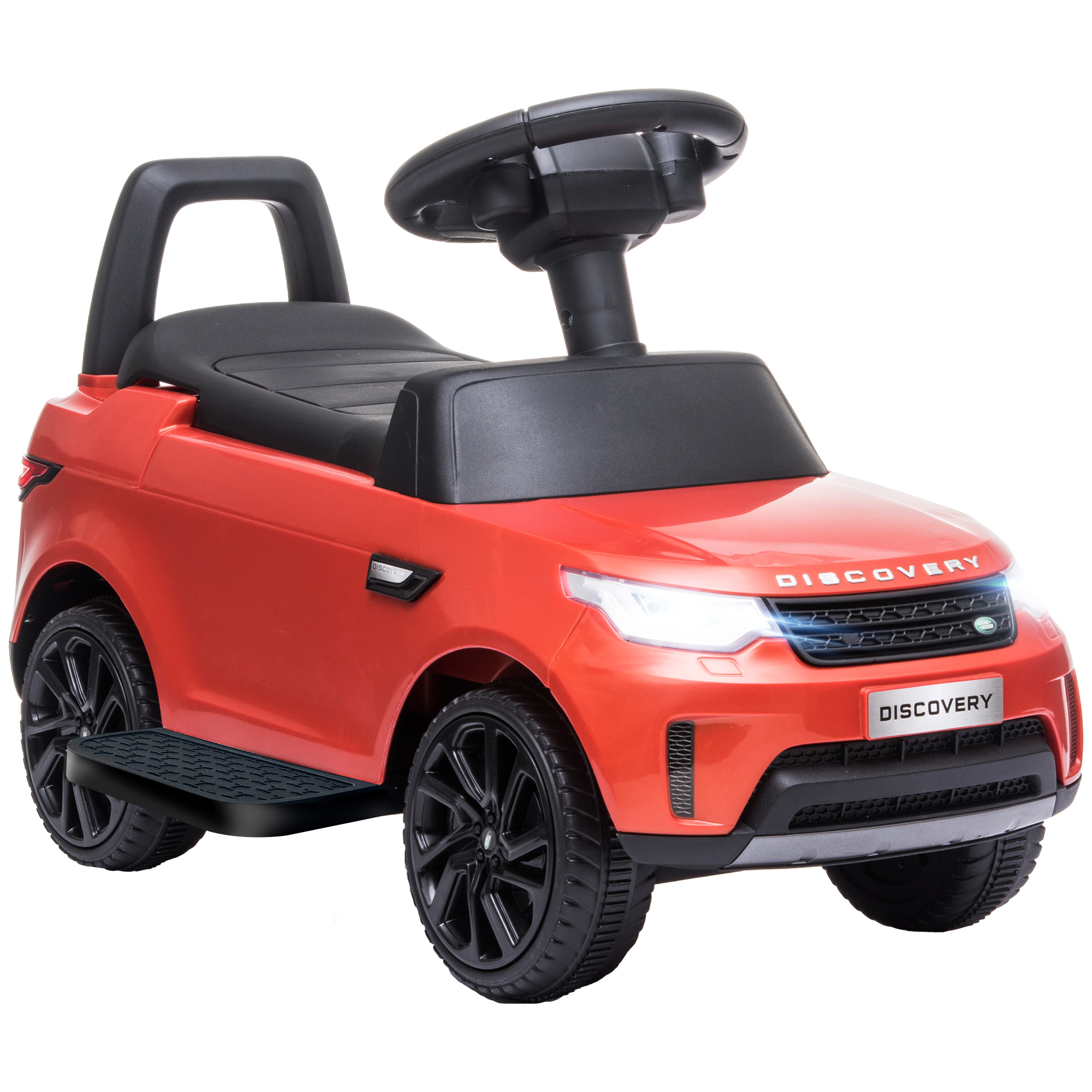 Un'auto giocattolo rossa. Ha un volante, un sedile e una base nera.