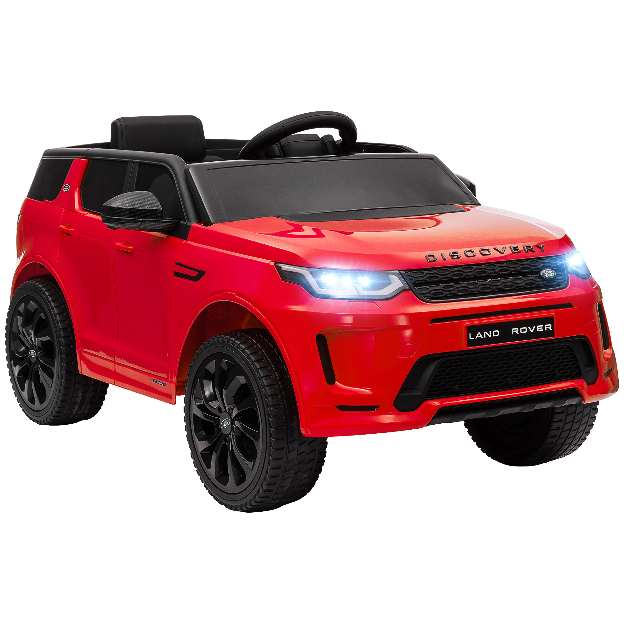 Auto rossa Land Rover Discovery. Ha ruote nere, fari e il logo Land Rover.