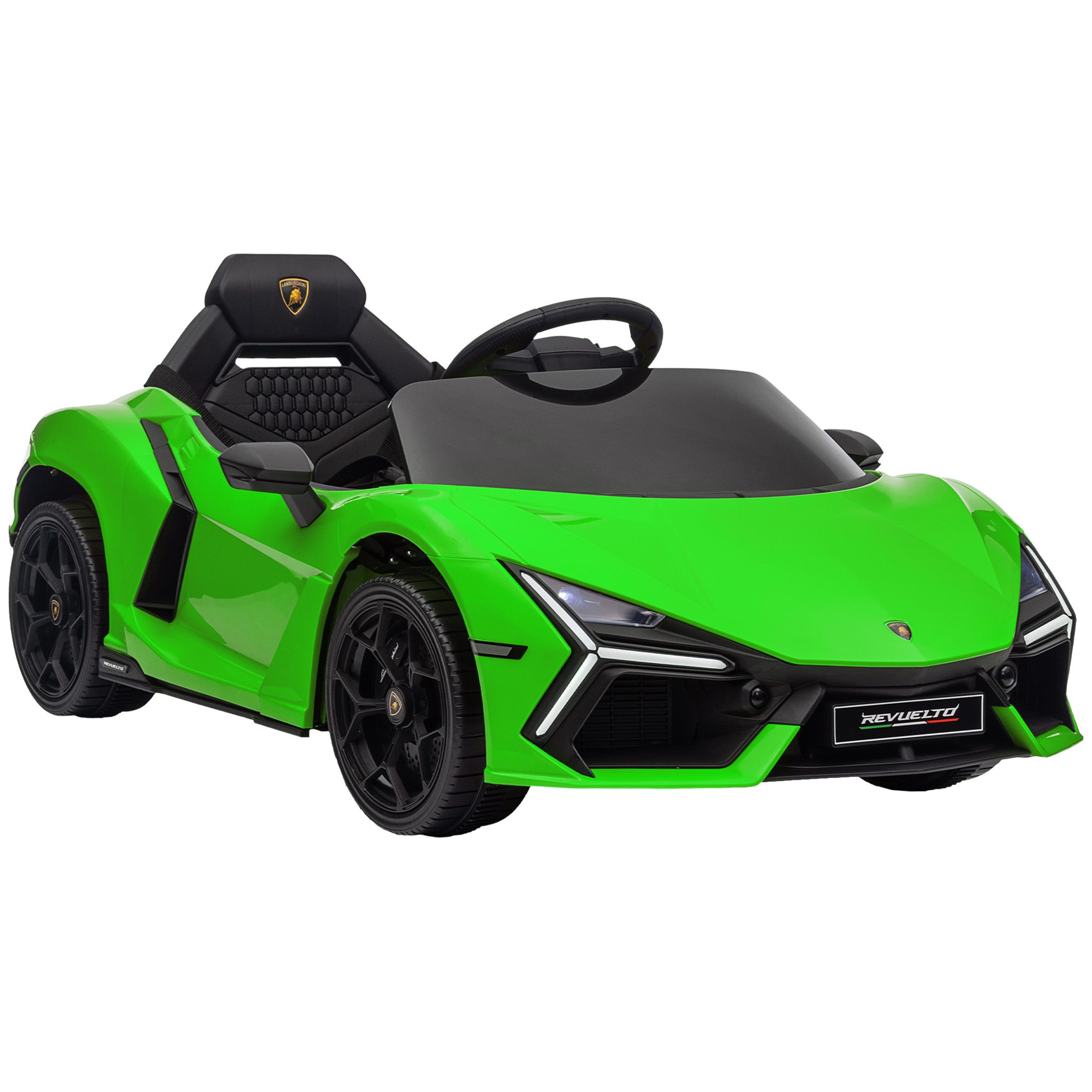 Macchina giocattolo verde con ruote nere e sedile nero. È una Lamborghini Revuelto.