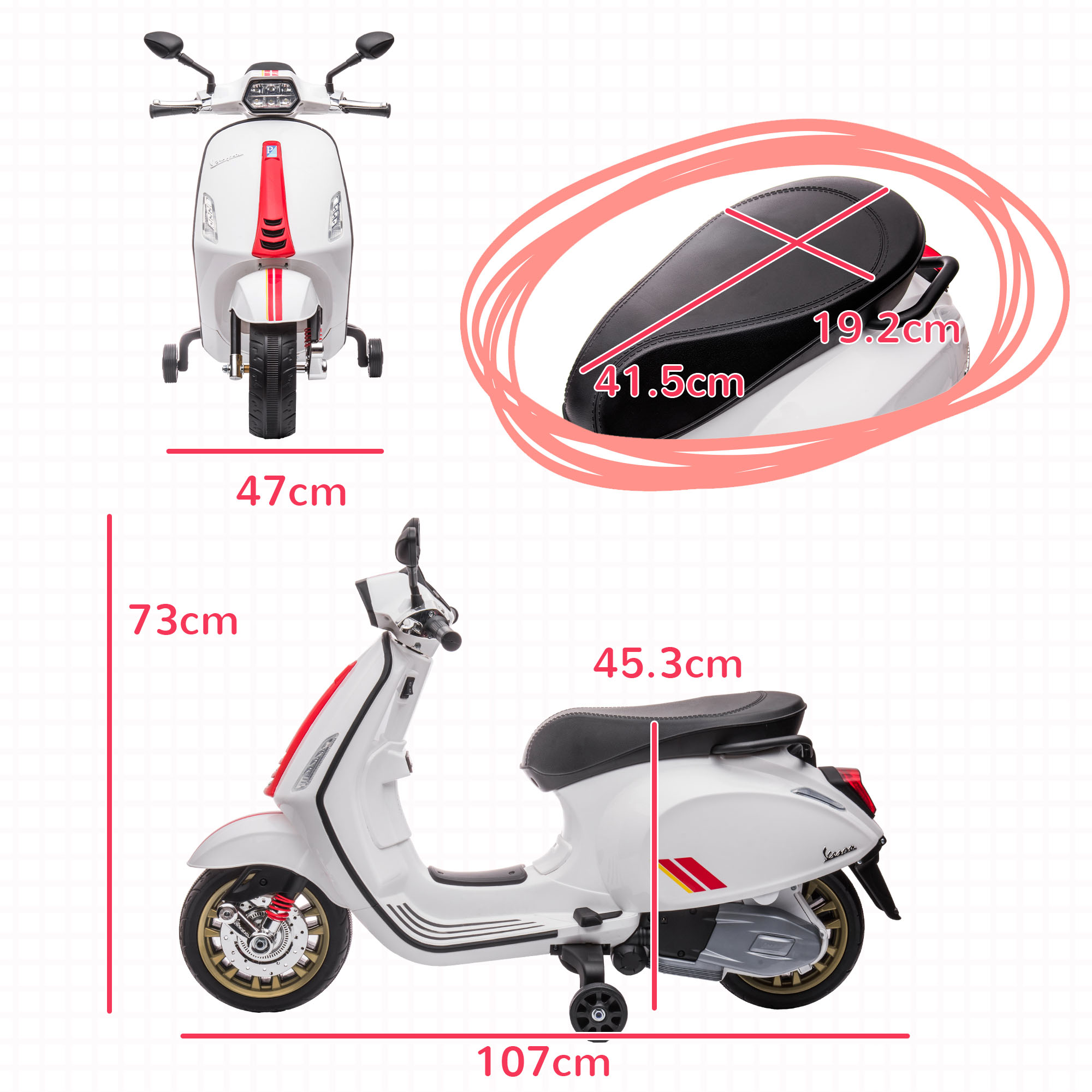 Scooter giocattolo bianco con dettagli rossi e dorati. Dimensioni indicate. Include rotelle.