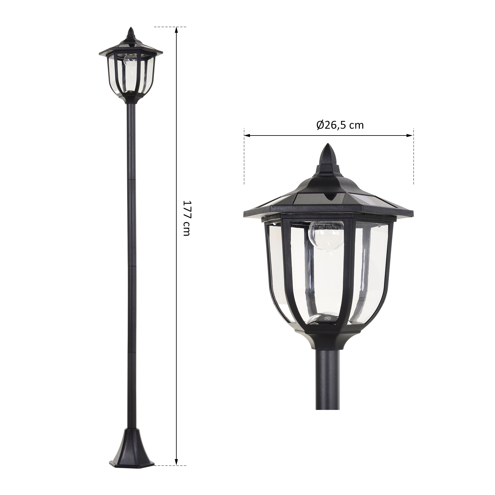 Lampada da esterno nera alta con parte superiore in vetro trasparente. Ha una parte superiore decorativa.