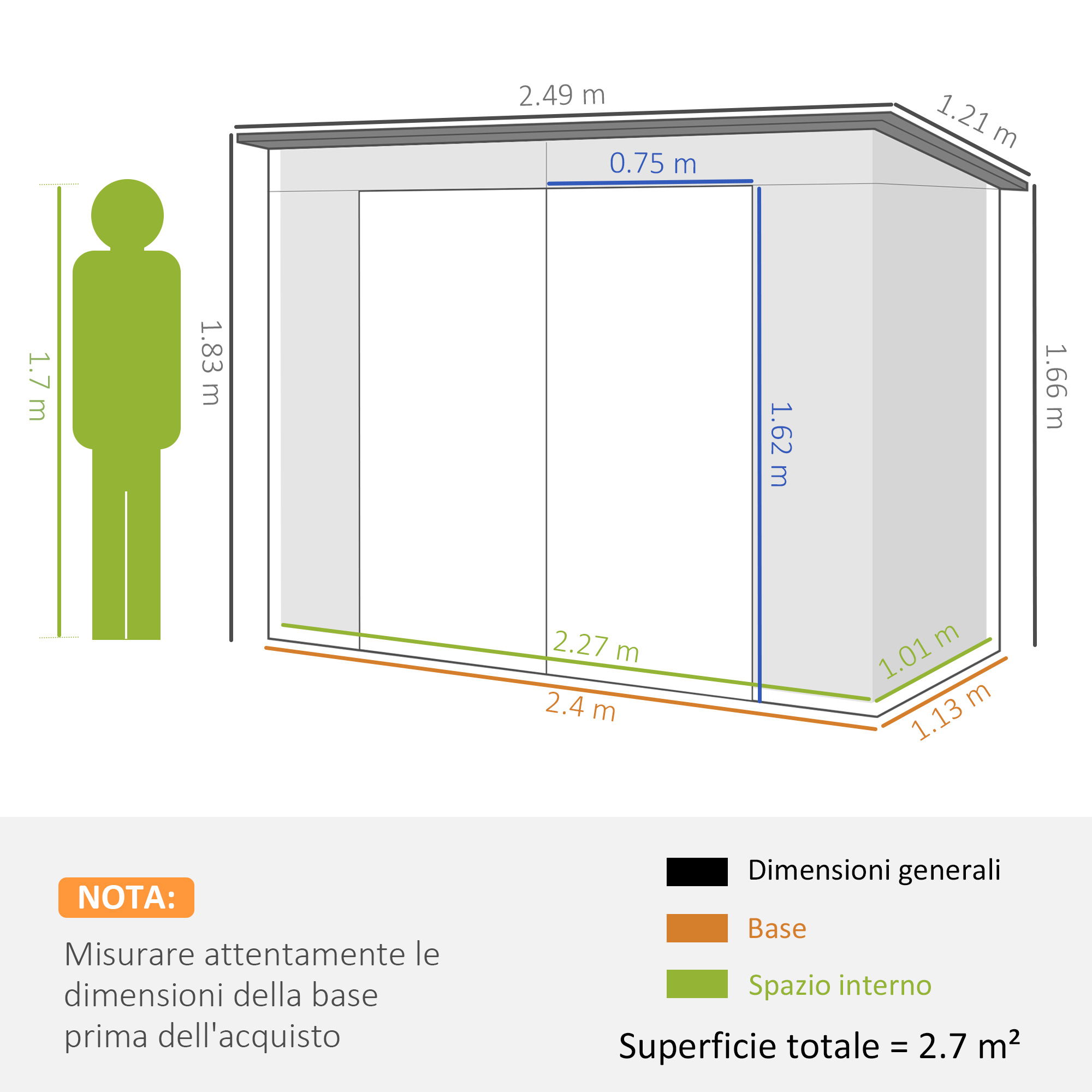 Diagramma che mostra le dimensioni di un capannone. Un'icona persona è a sinistra. Testo in italiano.