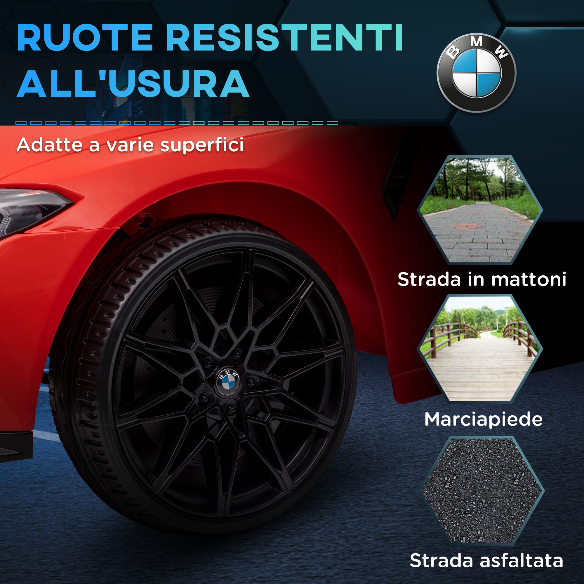 Un primo piano di una ruota di un'auto rossa con un cerchio nero, che mostra il logo BMW.