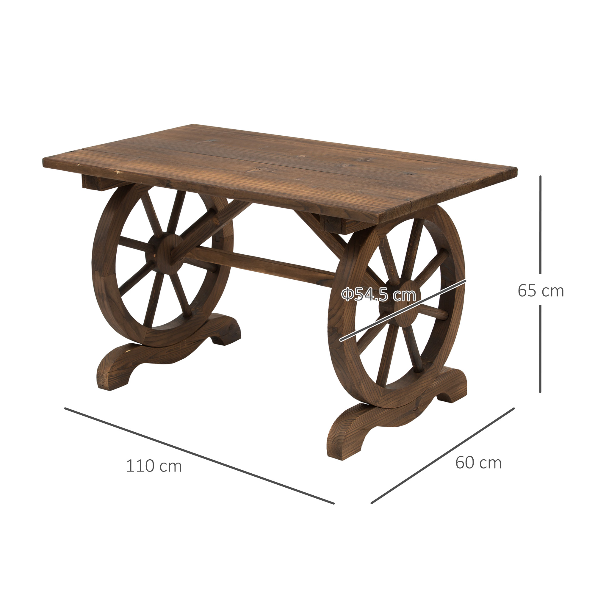 Un tavolo in legno marrone con base a ruote, che mostra le dimensioni in cm, su sfondo bianco.