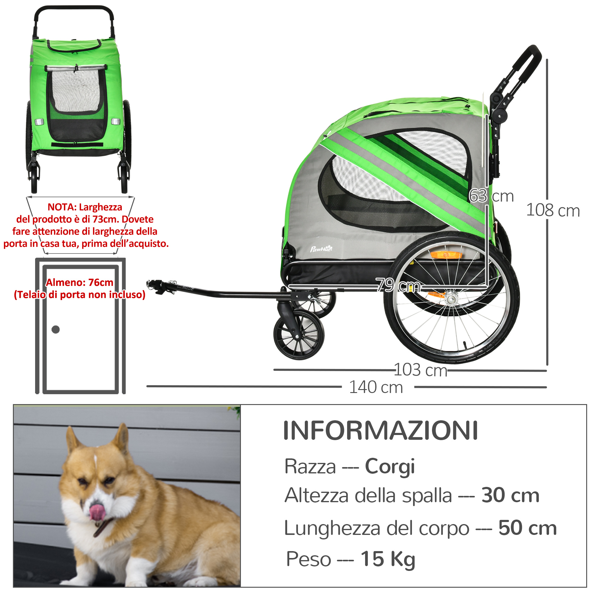Un cane in un rimorchio verde per animali domestici. Il rimorchio ha una finestra a rete e le dimensioni.