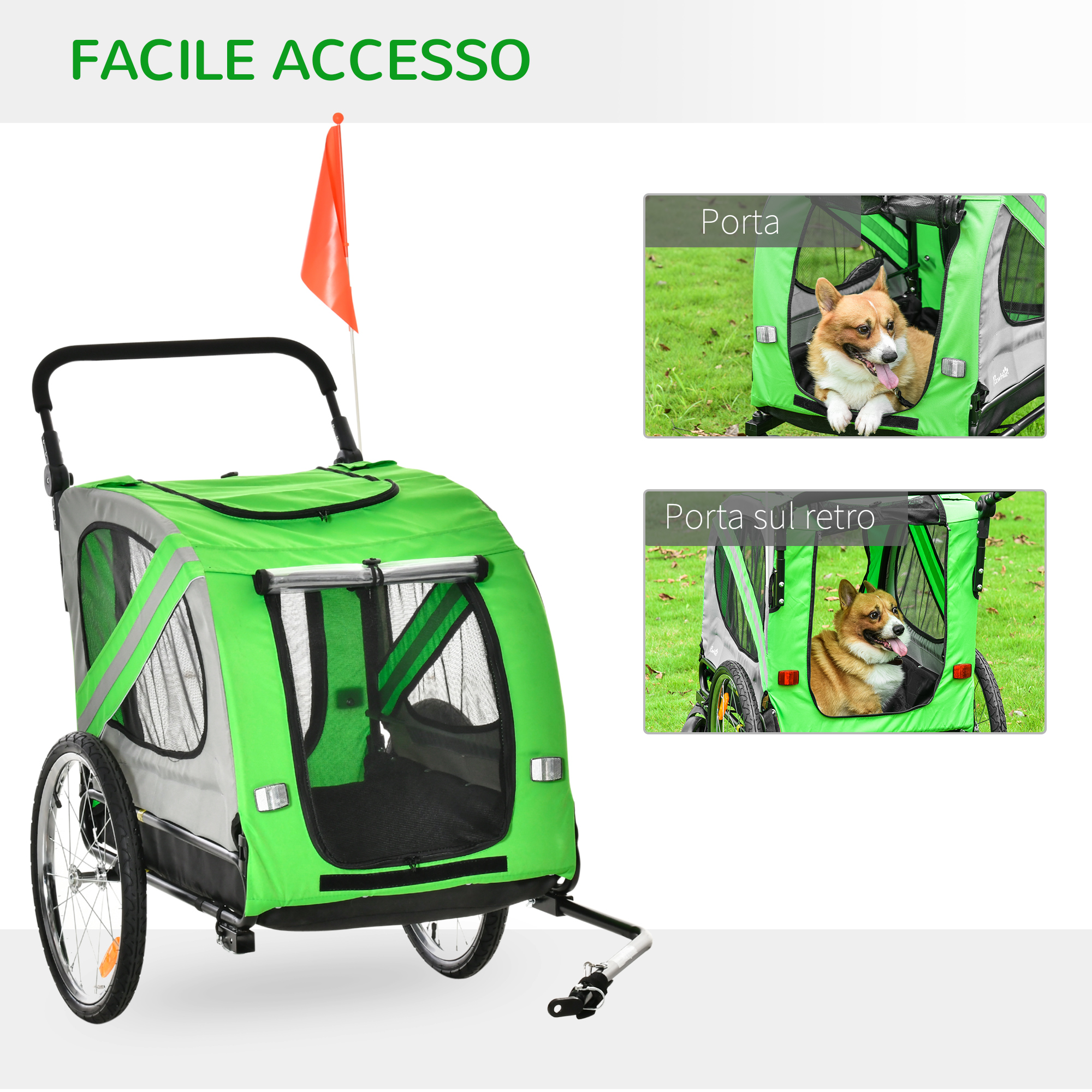 Un rimorchio verde per cani con un cane all'interno e due viste del rimorchio con un cane all'interno.