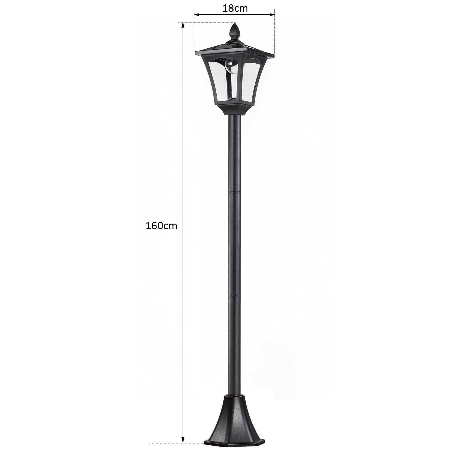 Palo lampada esterno nero con parte superiore decorativa e base nera. È alto e poggia su una superficie.