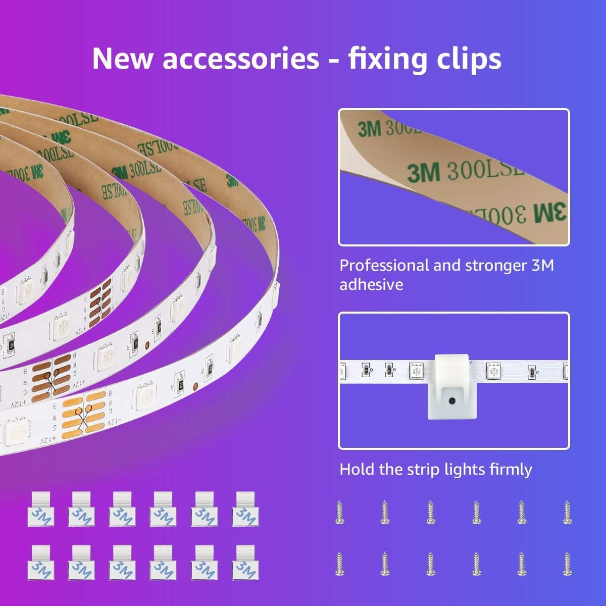LED-Streifen, Klebeband und Befestigungsclips mit Text über professionellen Kleber.
