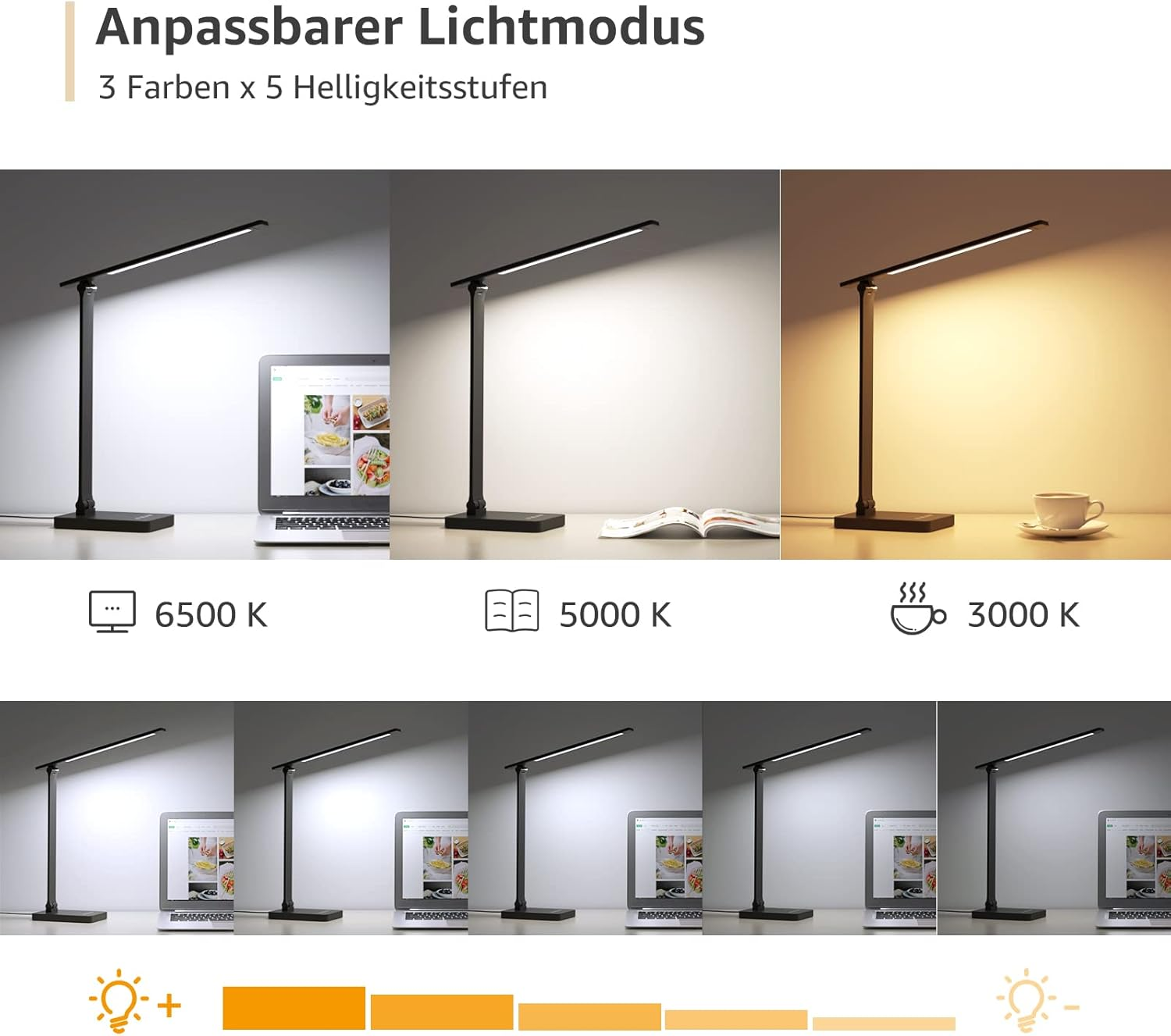 Schreibtischlampe mit einstellbaren Lichtmodi. Zeigt verschiedene Farbtemperaturen und Helligkeitsstufen.