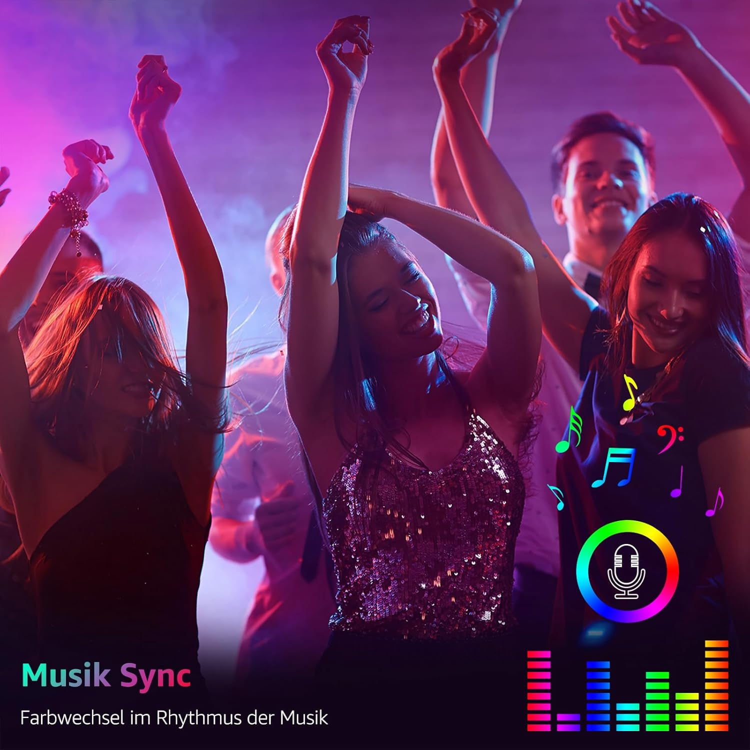 Leute tanzen in einem Club mit bunten Lichtern und Musiknoten.
