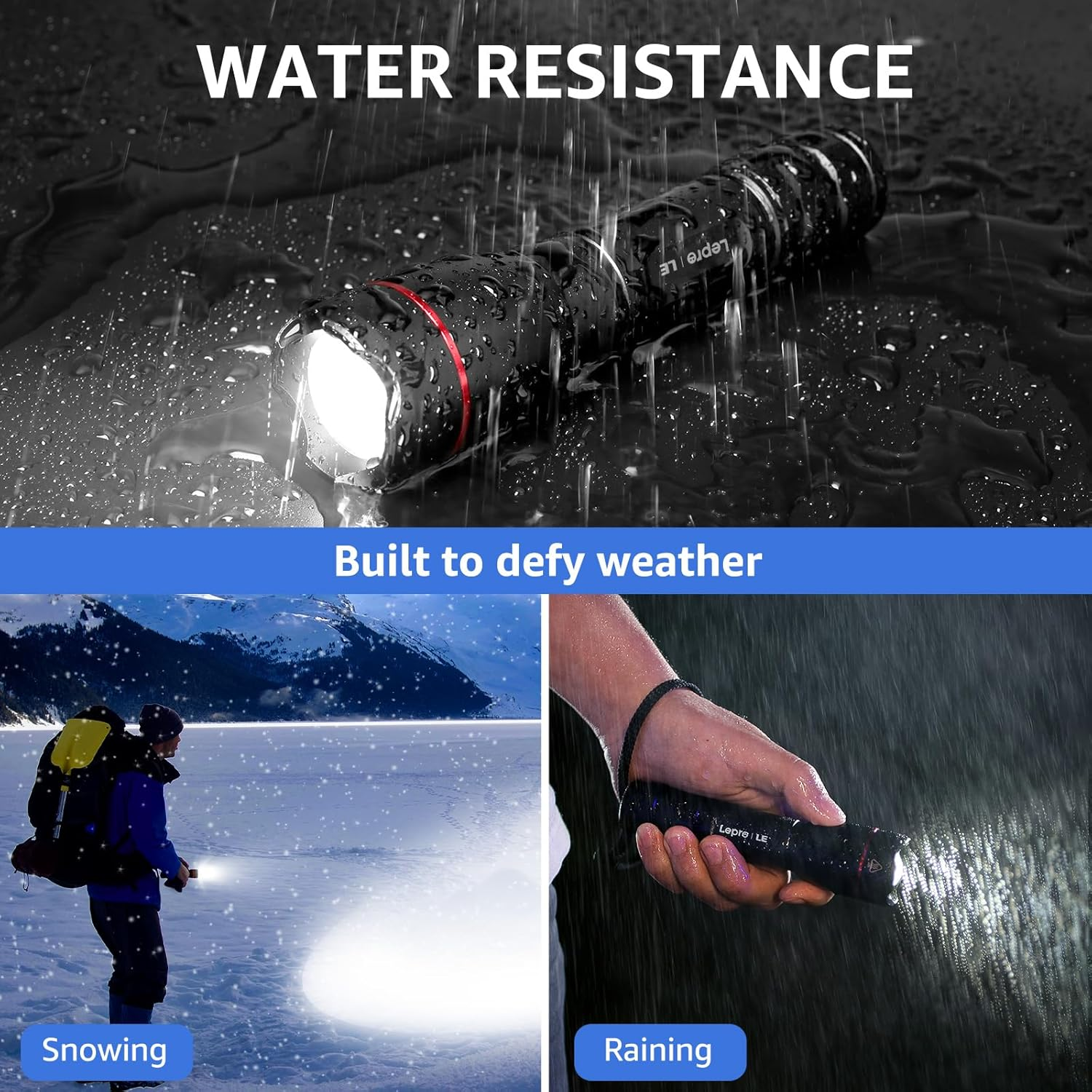 Schwarze Taschenlampe mit Wassertropfen. Bilder zeigen den Einsatz in Schnee und Regen.
