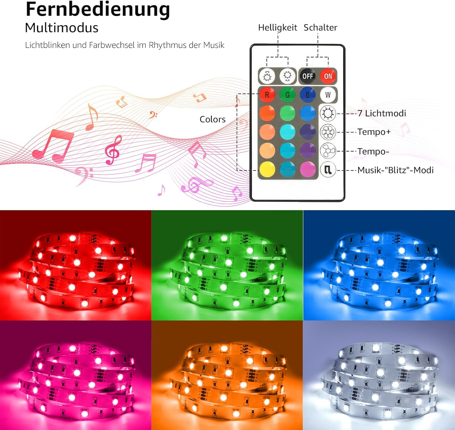 Eine Fernbedienung mit Farboptionen und darunter angezeigten Lichtleisten in verschiedenen Farben.