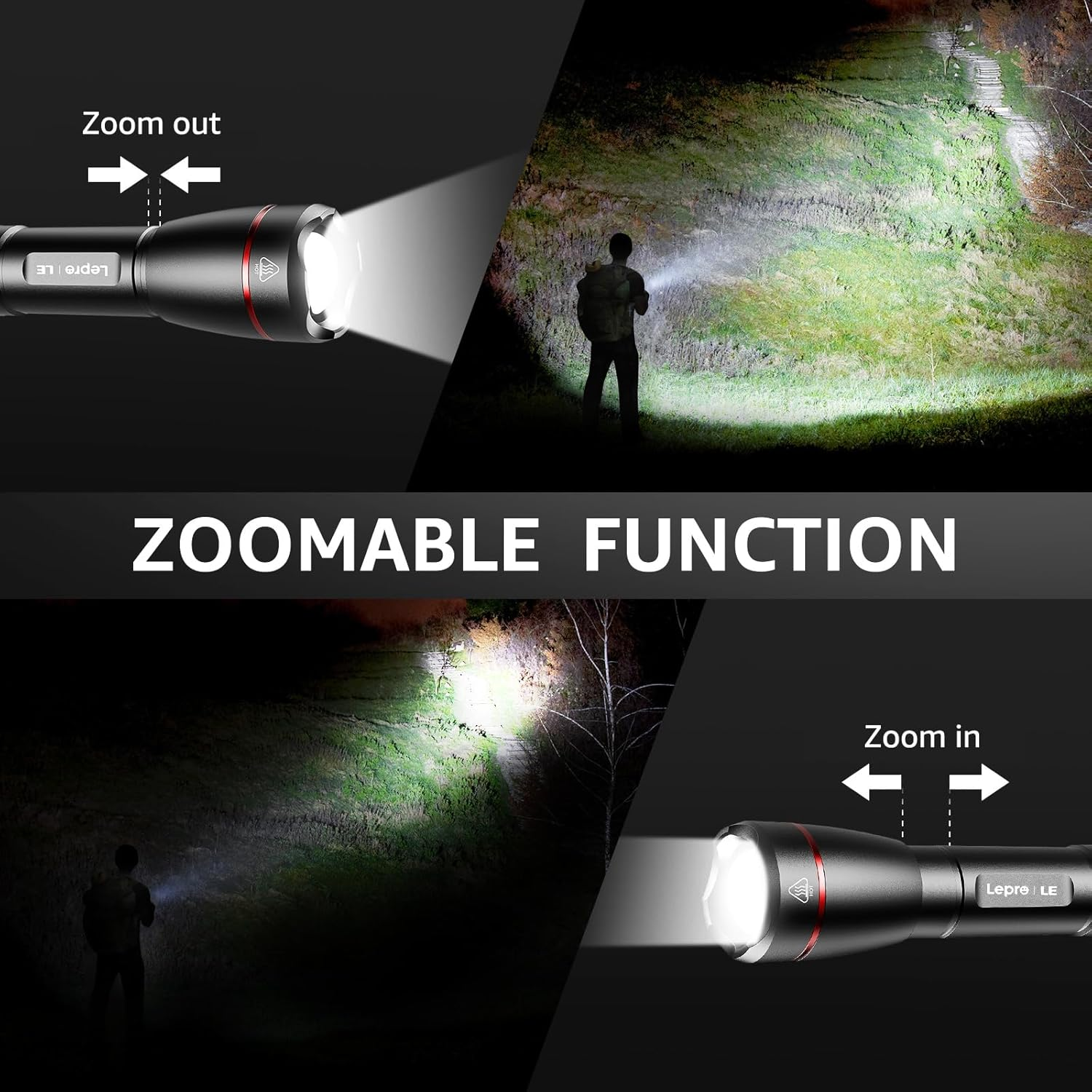 Eine Taschenlampe mit Zoomfunktion, die den sich ausdehnenden und zusammenziehenden Lichtstrahl zeigt, mit Text.