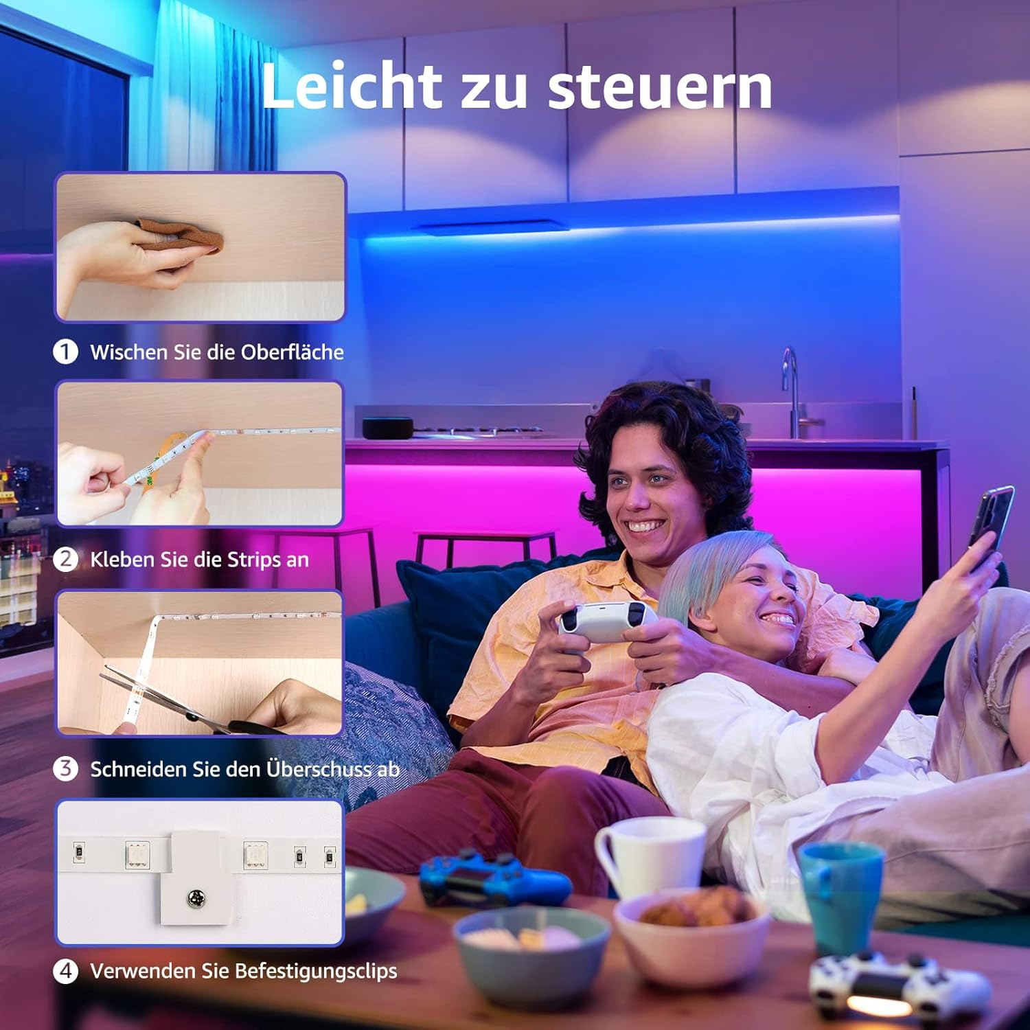 Ein Paar spielt Spiele, mit Anweisungen oben links. Blaue und violette Lichter.