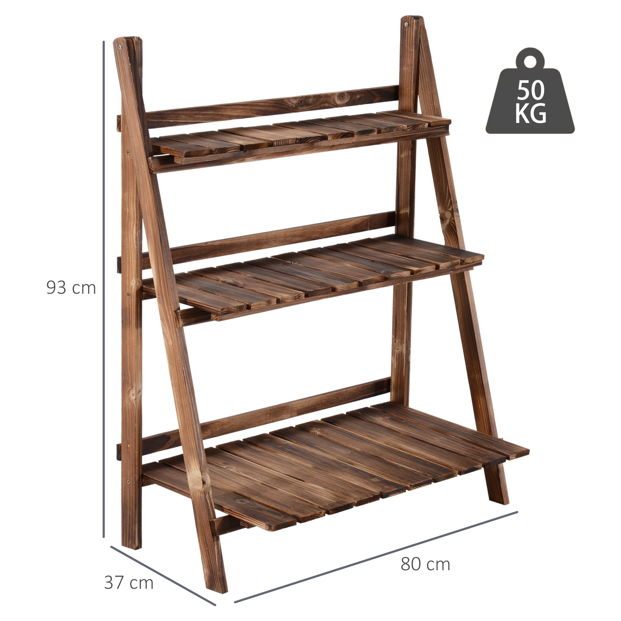 Porta piante in legno con tre ripiani, il supporto è marrone e ha una capacità di 50 kg.