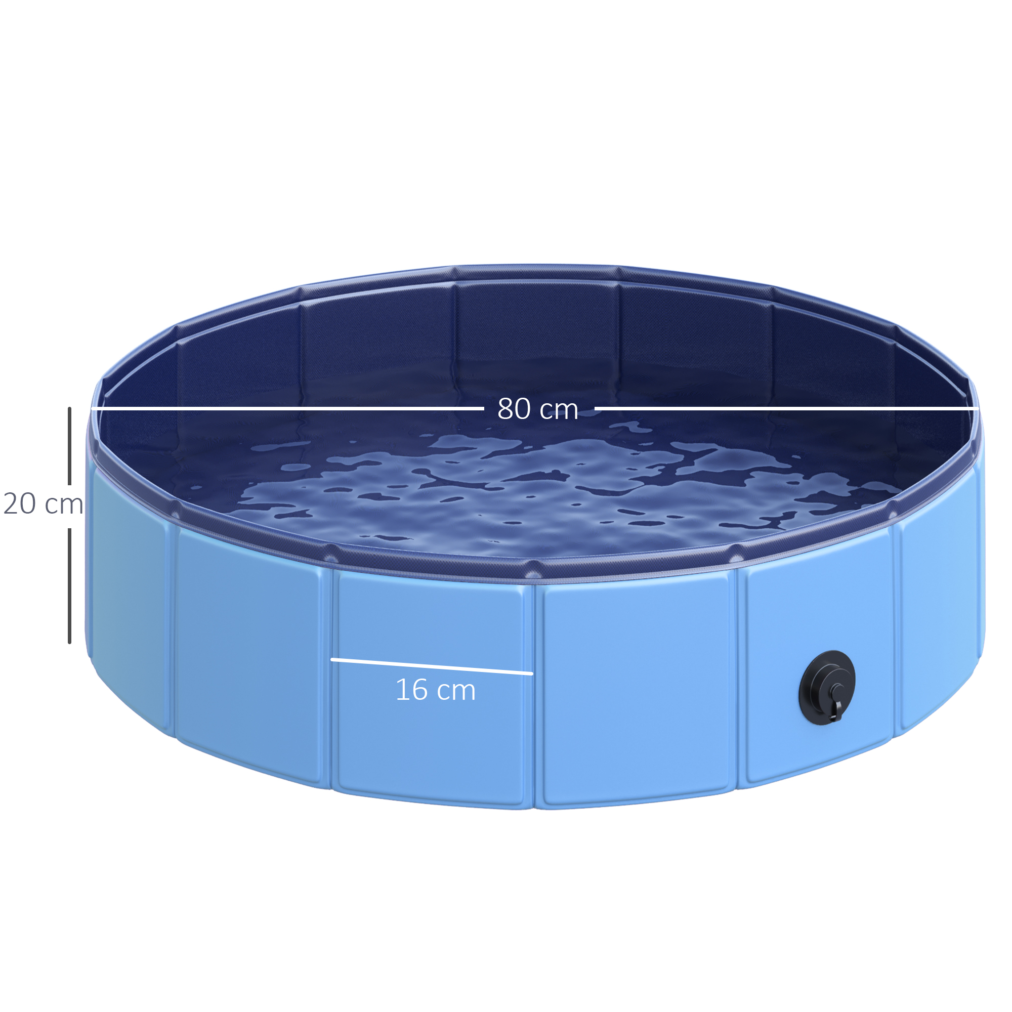 Piscina gonfiabile rotonda blu per cani con dimensioni: 80 cm diametro, 20 cm altezza.