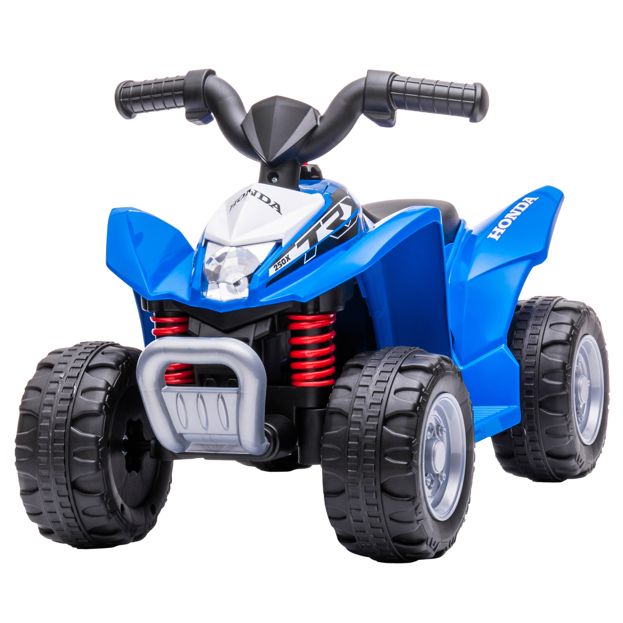 Un giocattolo ATV Honda blu con ruote grandi, isolato su sfondo bianco.