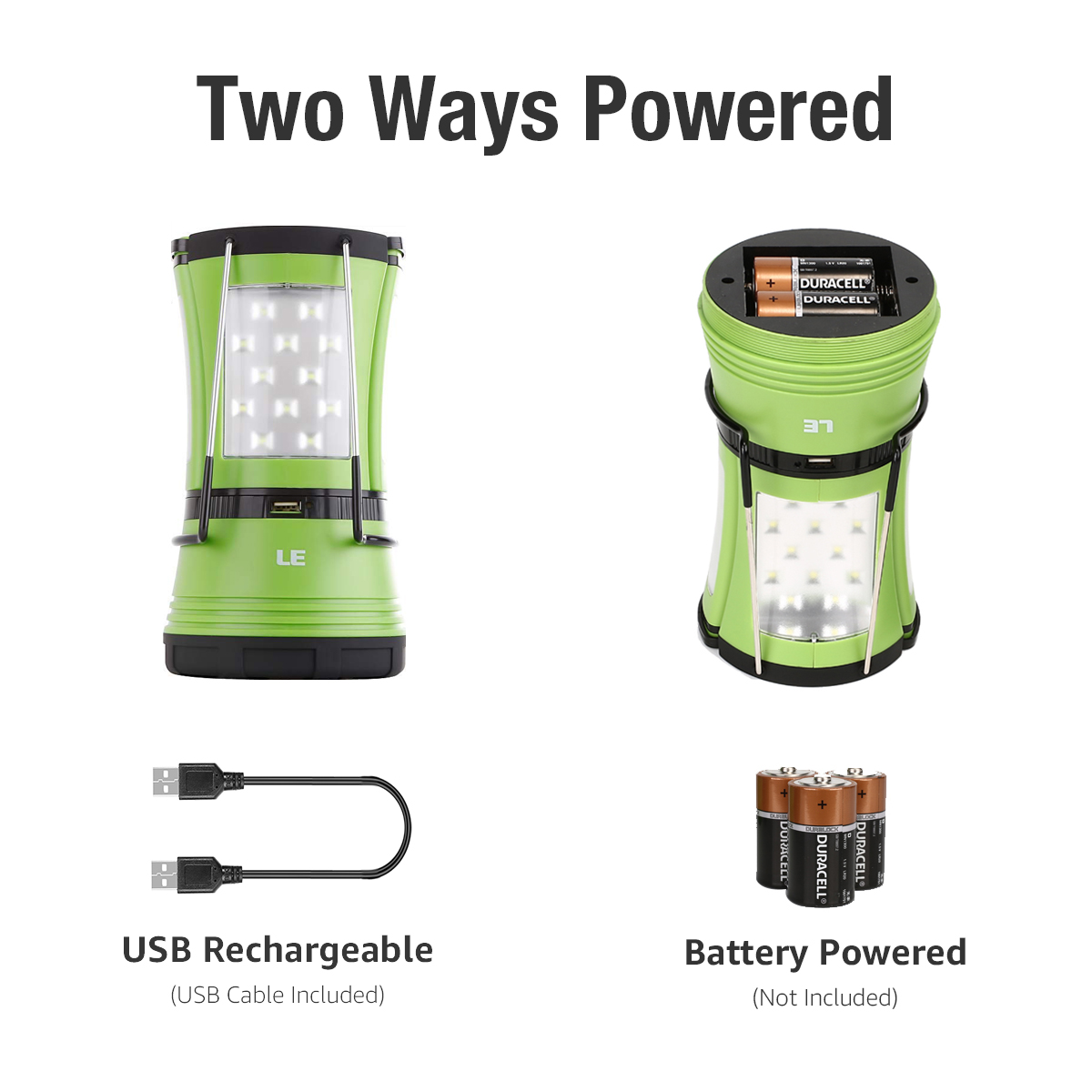 Zwei grüne Laternen. Eine ist USB-aufladbar, die andere batteriebetrieben. Beide haben Lichter.