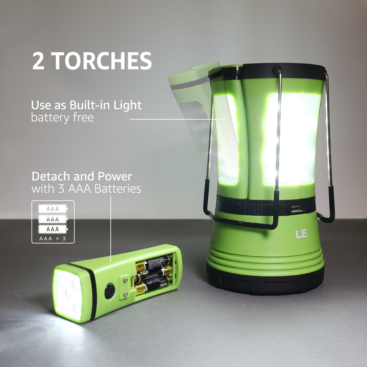 Eine grüne Laterne und eine grüne Taschenlampe. Die Laterne hat batterieloses Licht, die Taschenlampe verwendet AAA-Batterien.