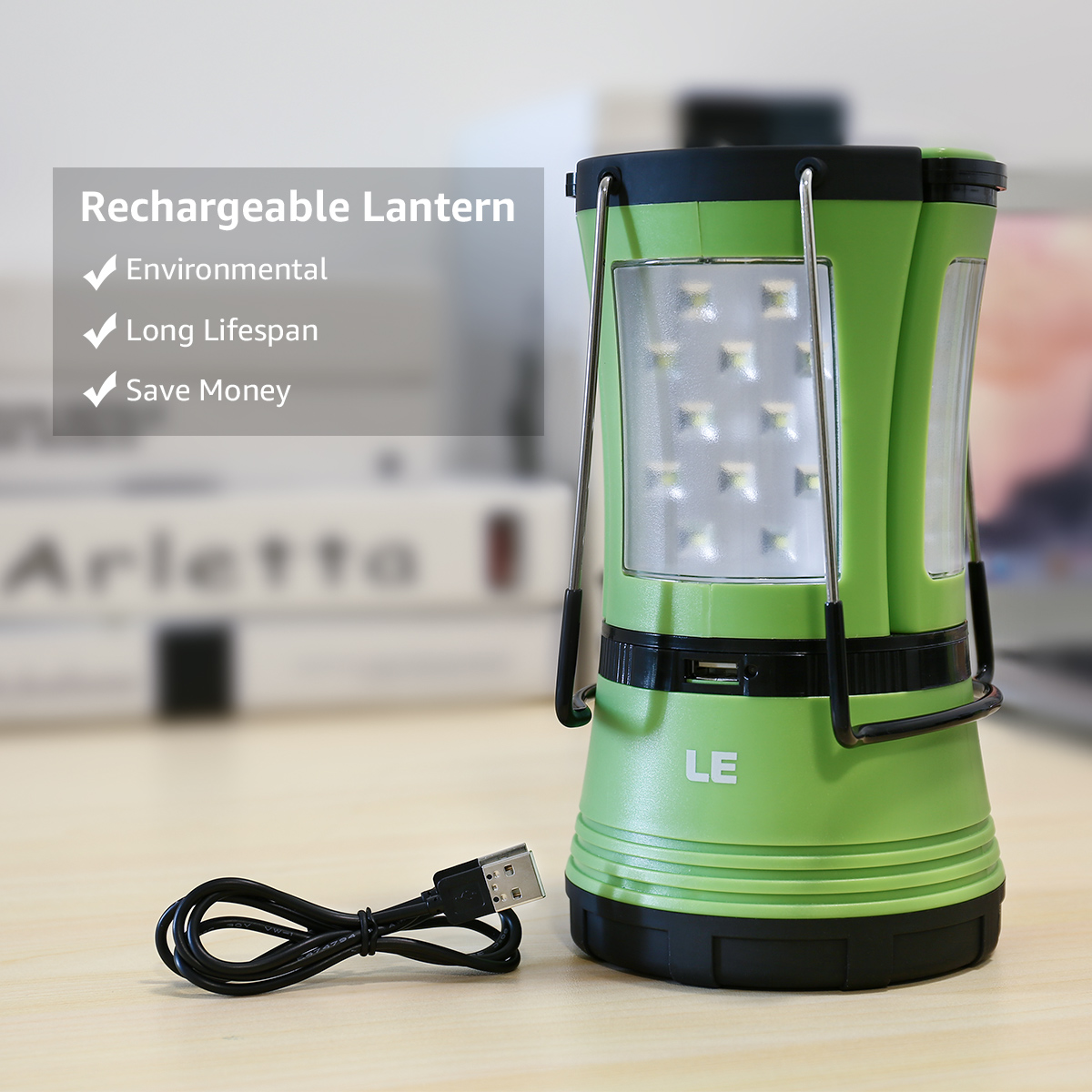 Grüne, wiederaufladbare Laterne mit USB-Kabel. Eigenschaften: Umweltfreundlich, lange Lebensdauer, Geld sparen.
