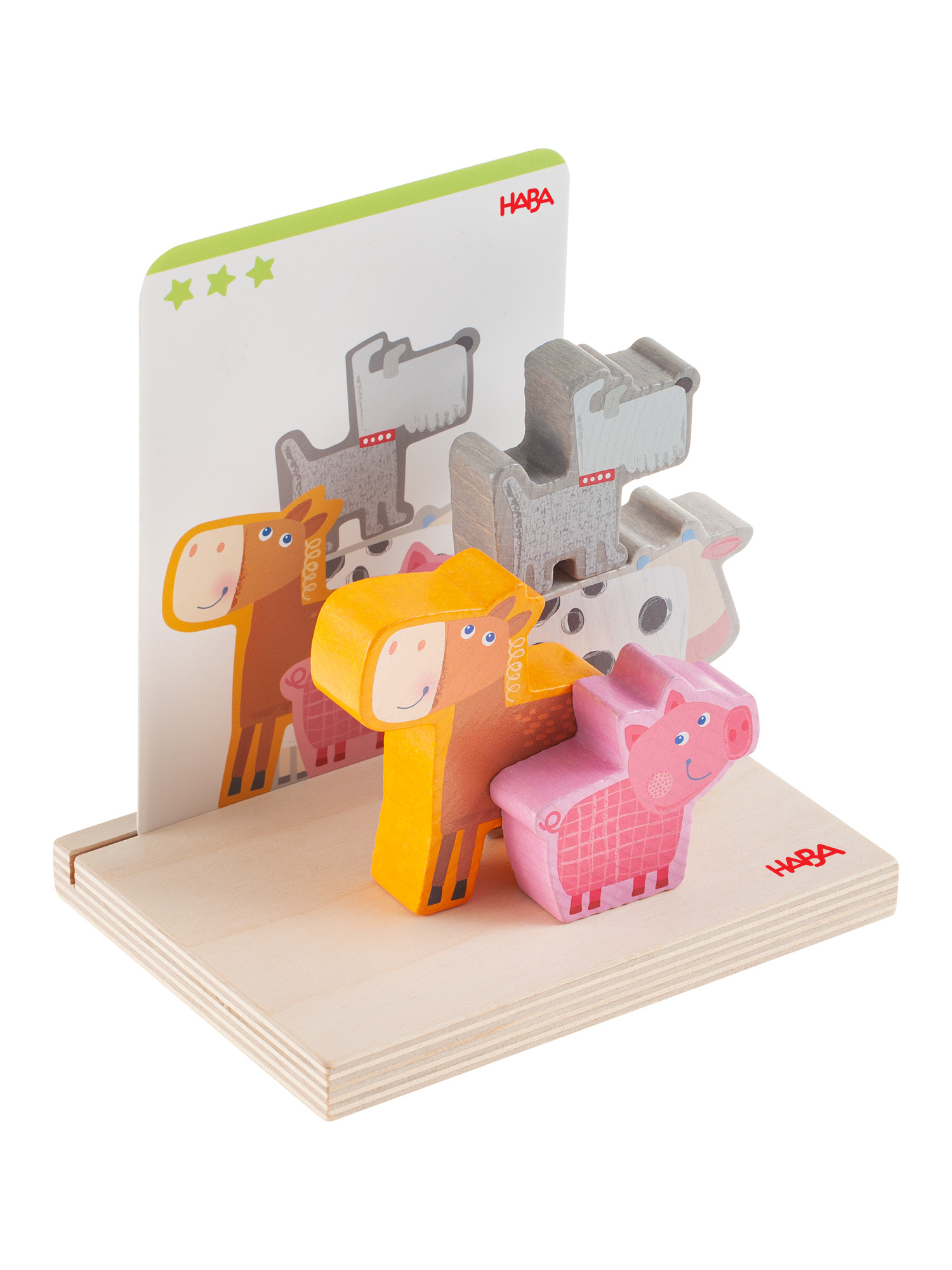 Bauernhoftier-Holzpuzzle mit Karte. Die Tiere sind Pferd, Hund, Schwein und Kuh.
