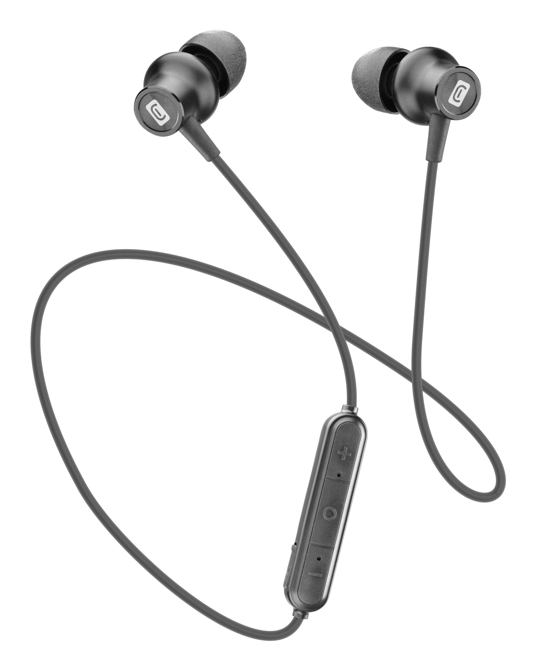 Schwarze Ohrhörer mit Bedienteil und Kabel. Weißer Hintergrund.