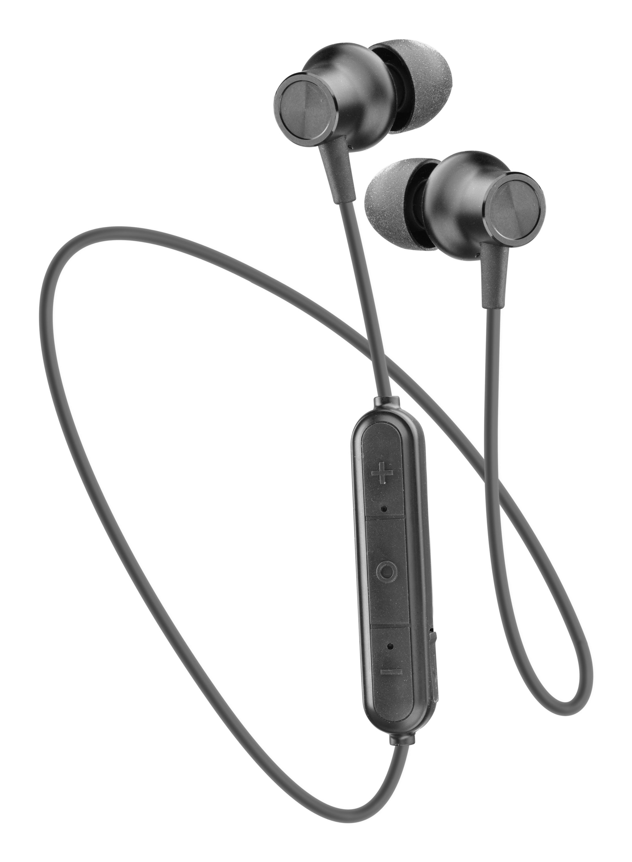Schwarze kabellose Ohrhörer, verbunden mit einem Kabel, mit einem Steuermodul am Kabel. Weißer Hintergrund.