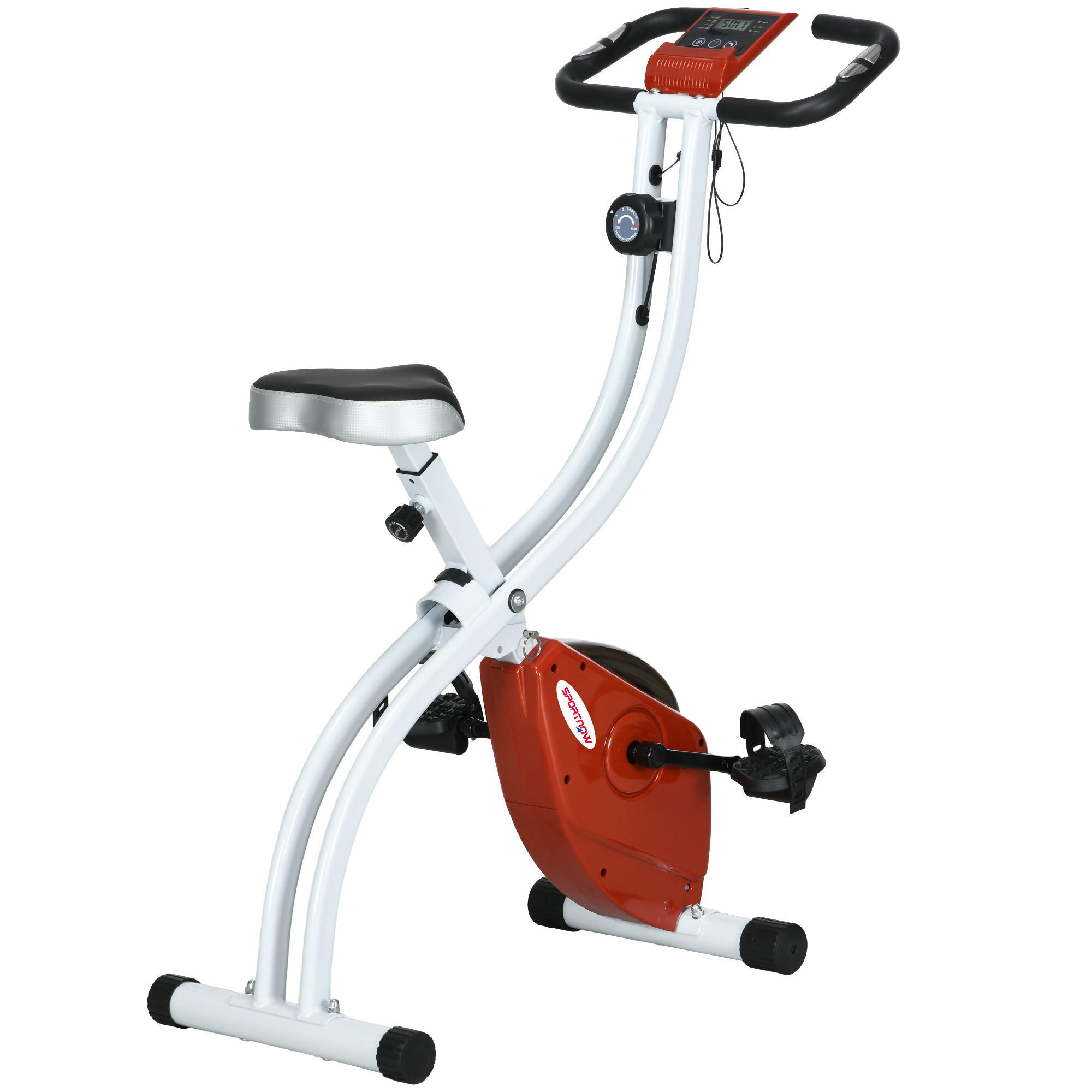 Bicicletta da palestra, telaio bianco, dettagli rossi. Sella e manubrio neri.