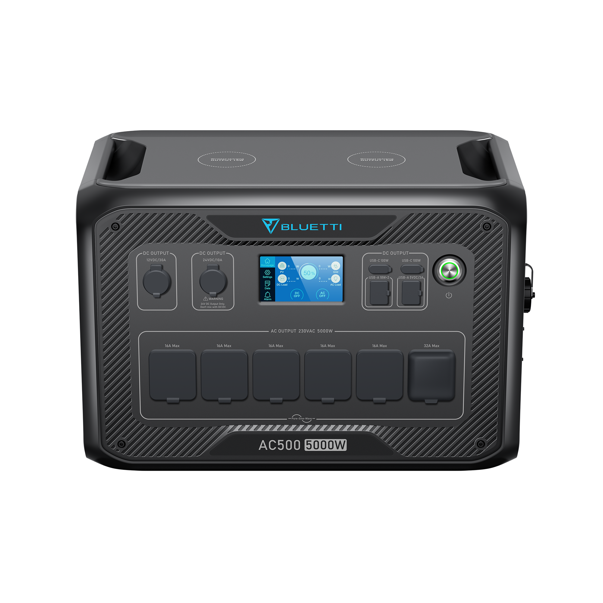 Czarna elektrownia z przyciskami, ekranem i gniazdami. Z logo 'BLUETTI'. AC500 5000W