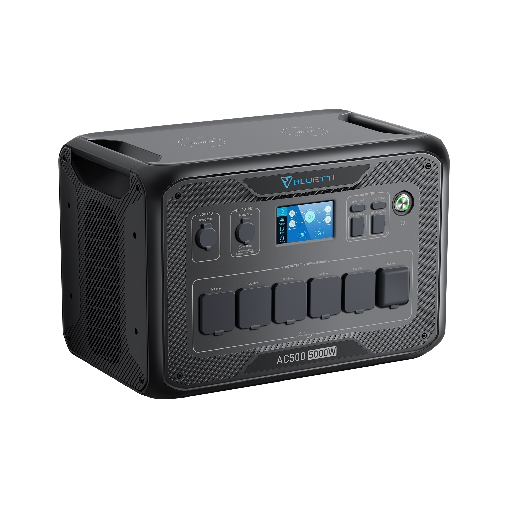 Czarna elektrownia Bluetti AC500. Posiada wiele portów, ekran i kilka przycisków. Znajduje się na czarnej powierzchni.
