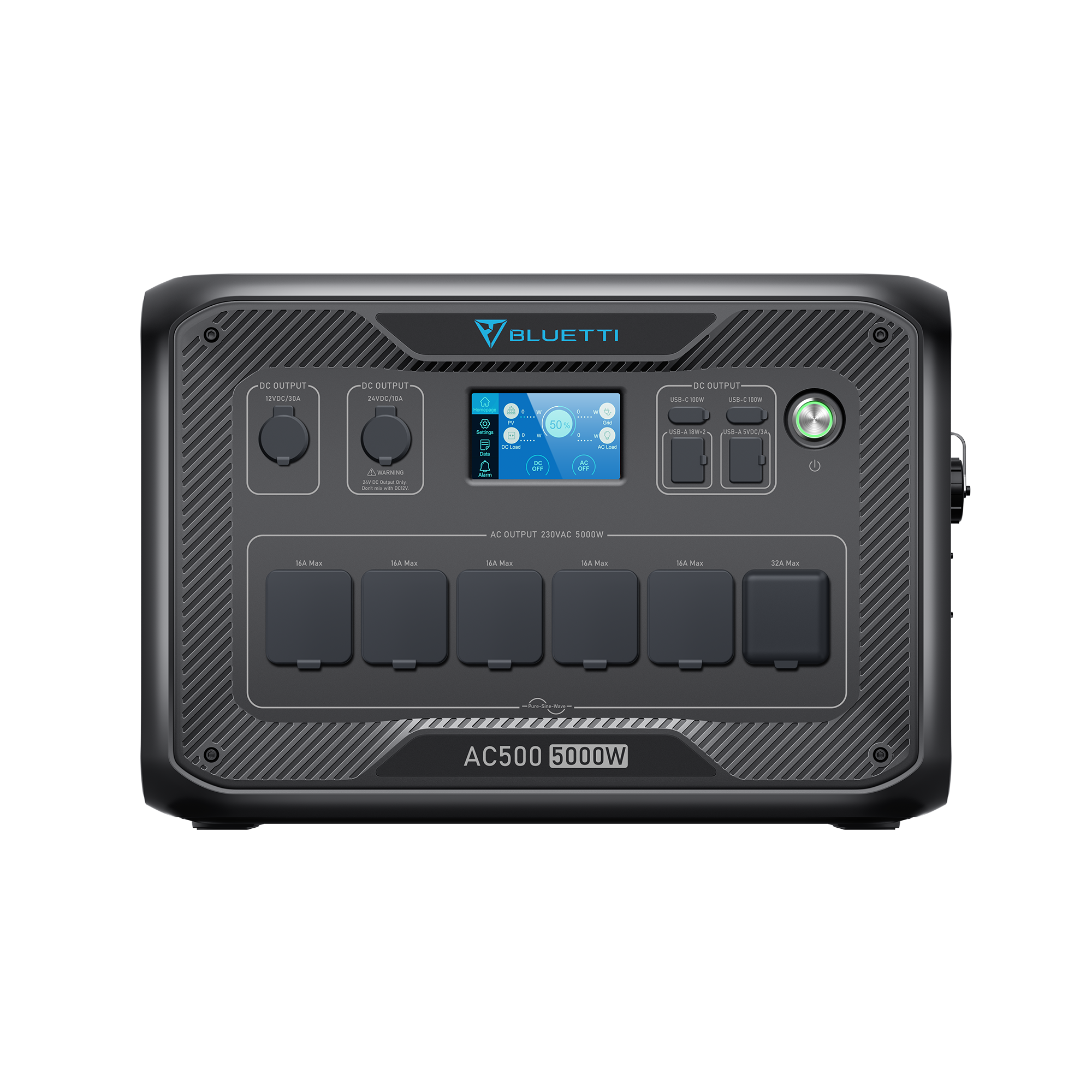 Czarna elektrownia z wyświetlaczem LCD, wieloma portami i marką Bluetti.