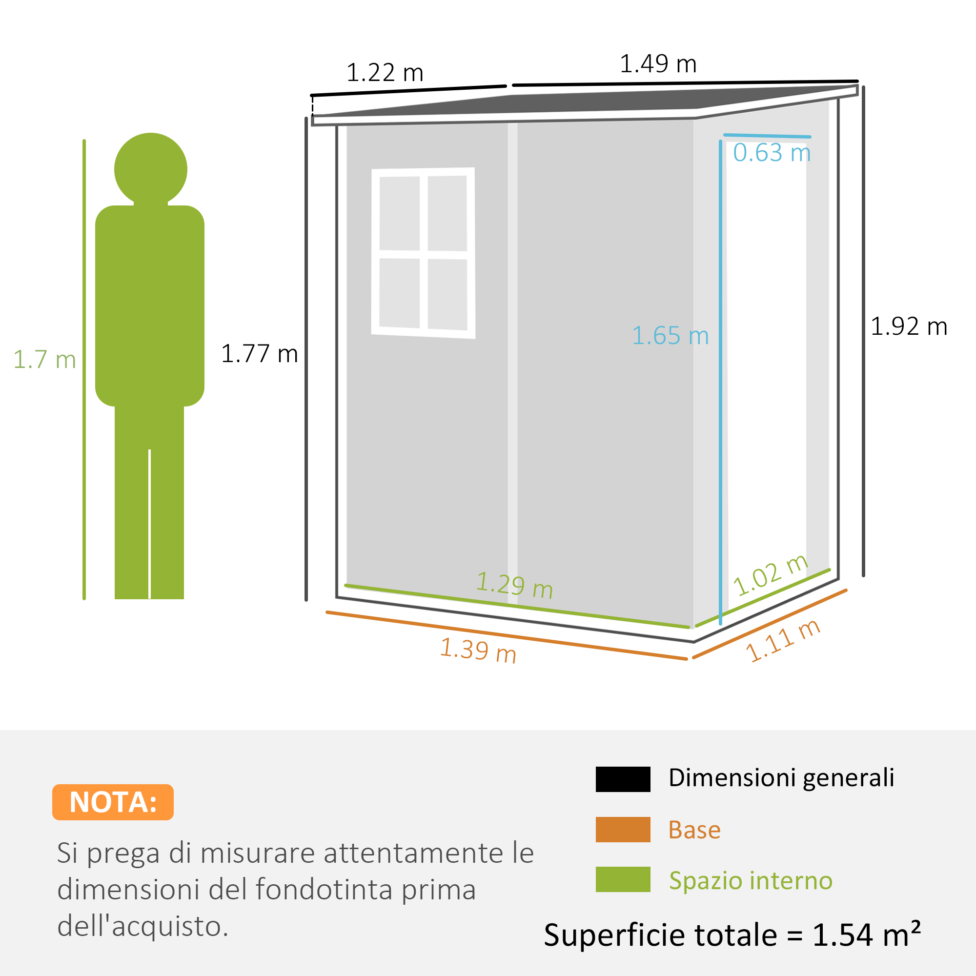 Schema di un capannone grigio con dimensioni e sagoma di persona verde.