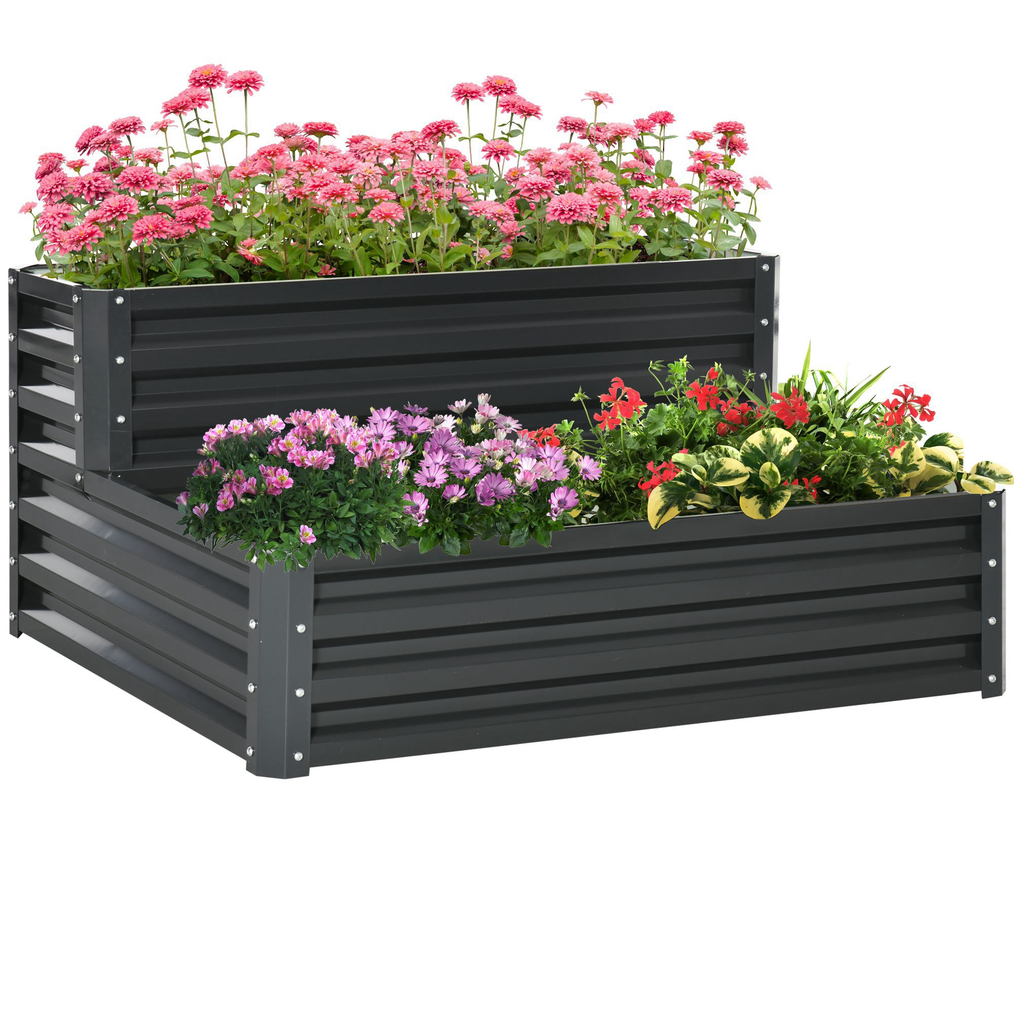 Aiuole rialzate a due livelli piene di fiori colorati. Costruzione in metallo grigio scuro.