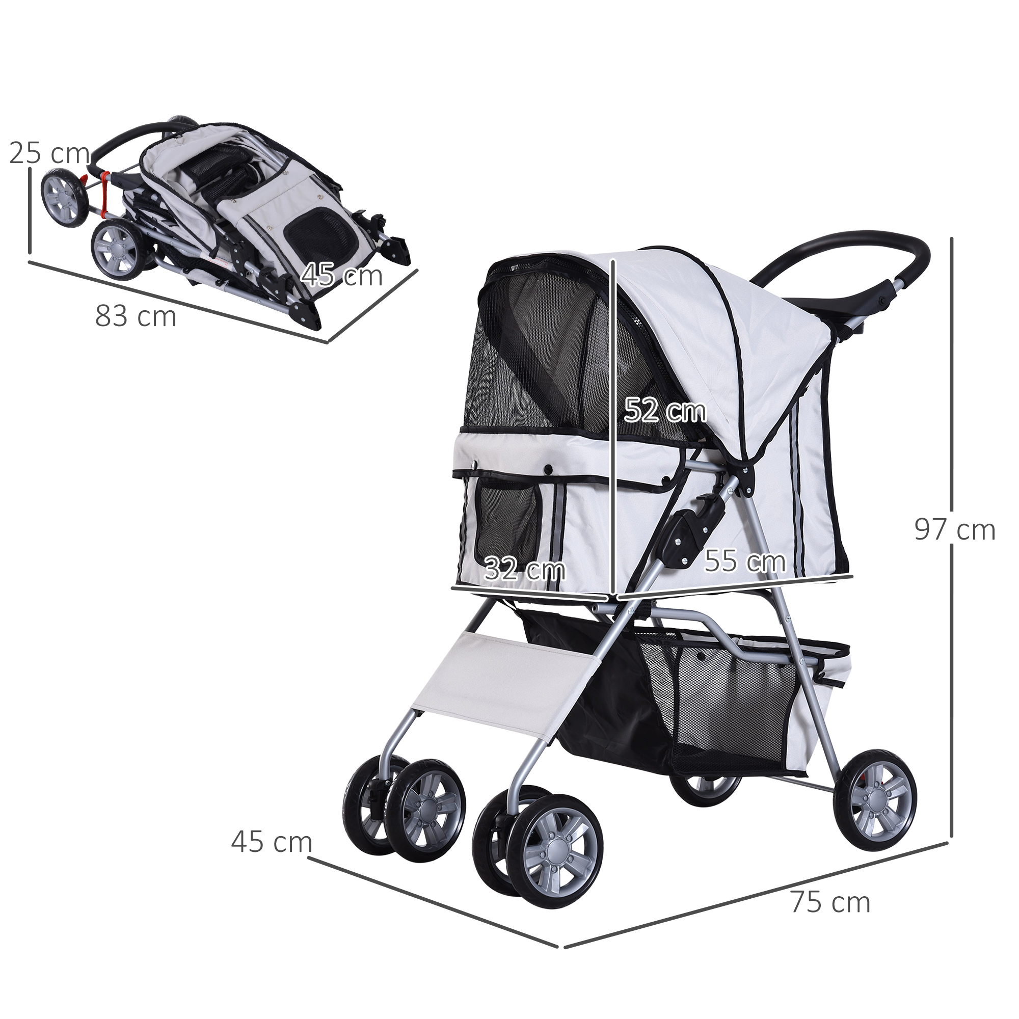 Un passeggino per animali domestici bianco con dimensioni indicate. È sia piegato che aperto.