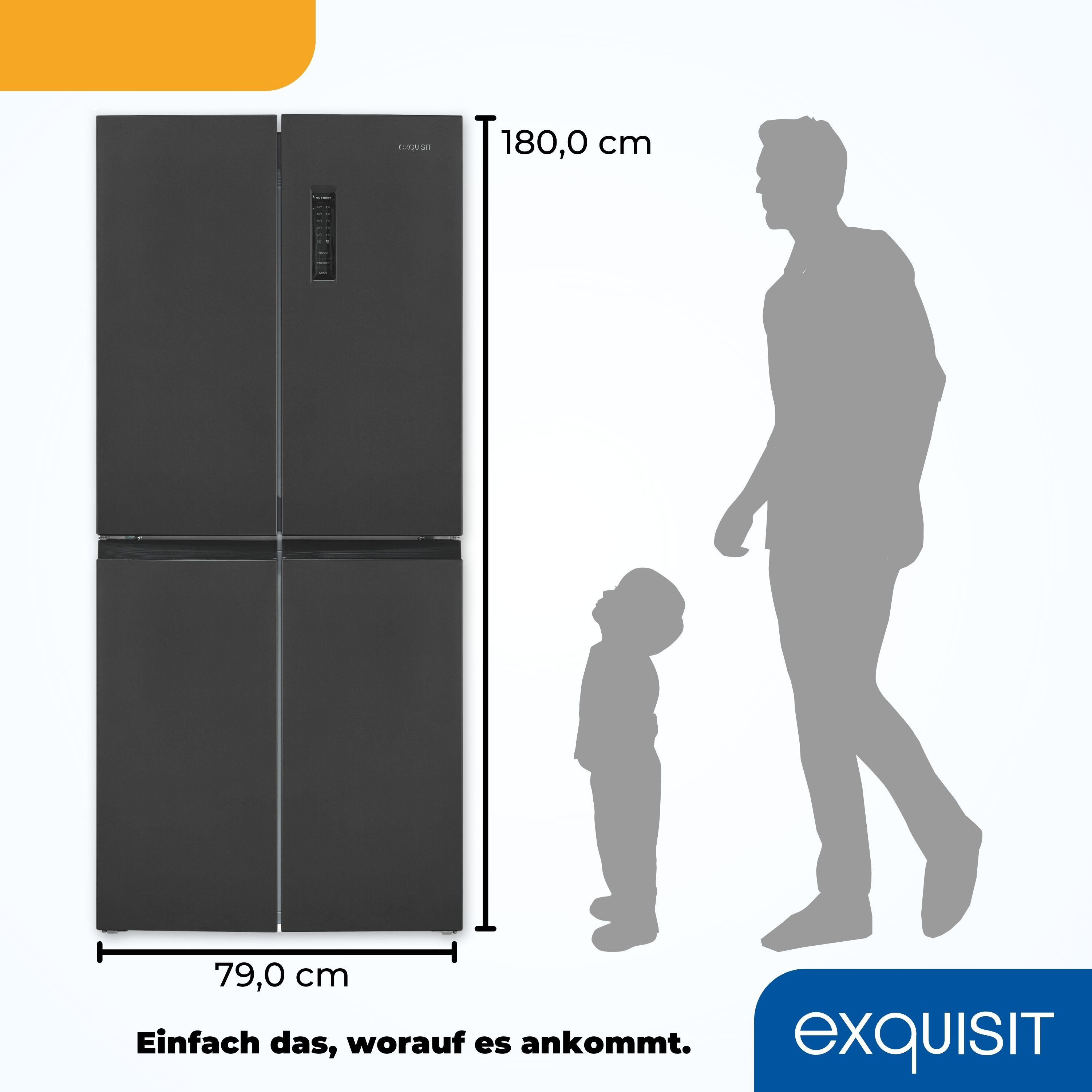 Ein schwarzer Kühlschrank steht neben einer Person und einem Kind, mit Höhenmarkierungen in cm.