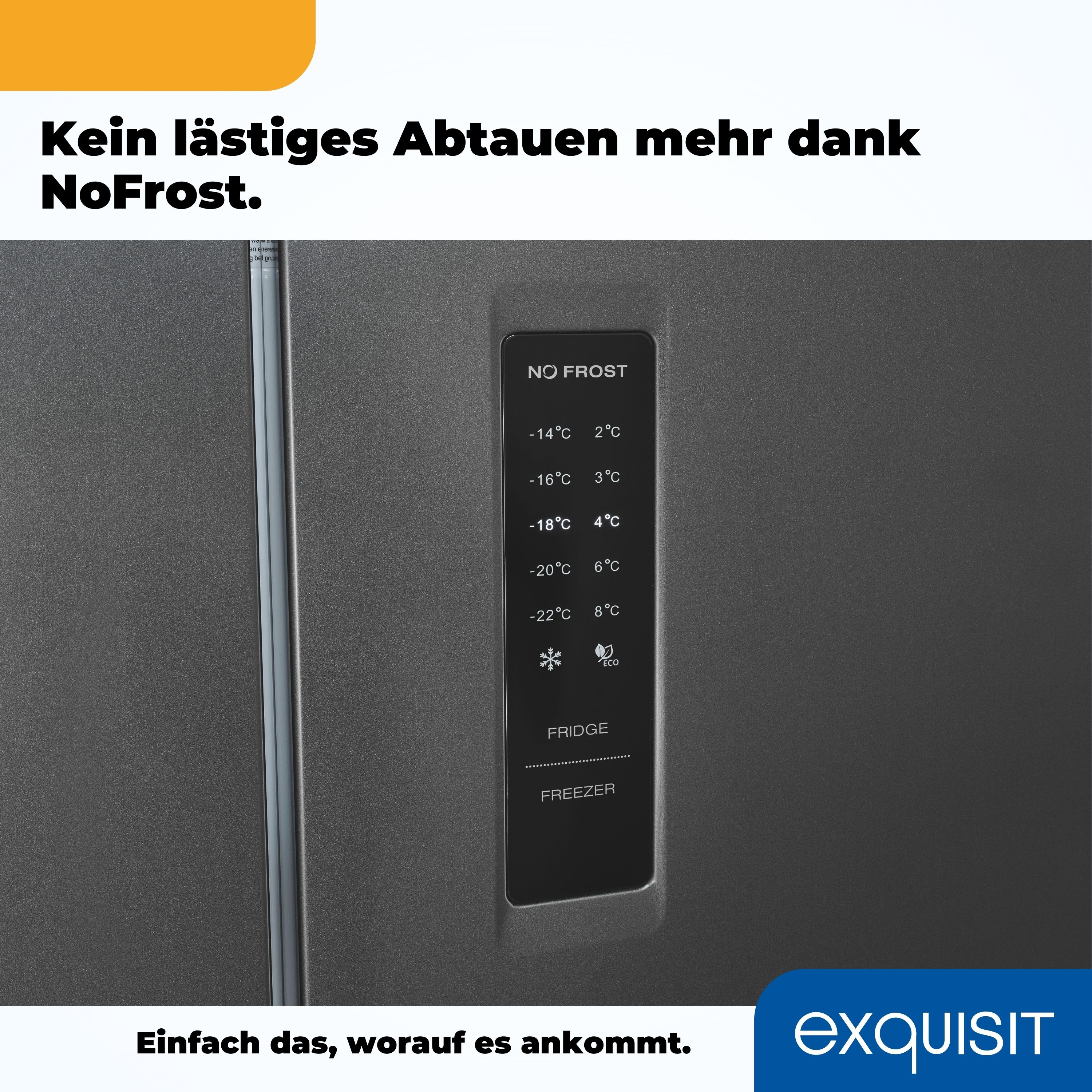 Nahaufnahme des Kühlschrank-Bedienfelds mit Temperatureinstellungen und NoFrost-Funktion.