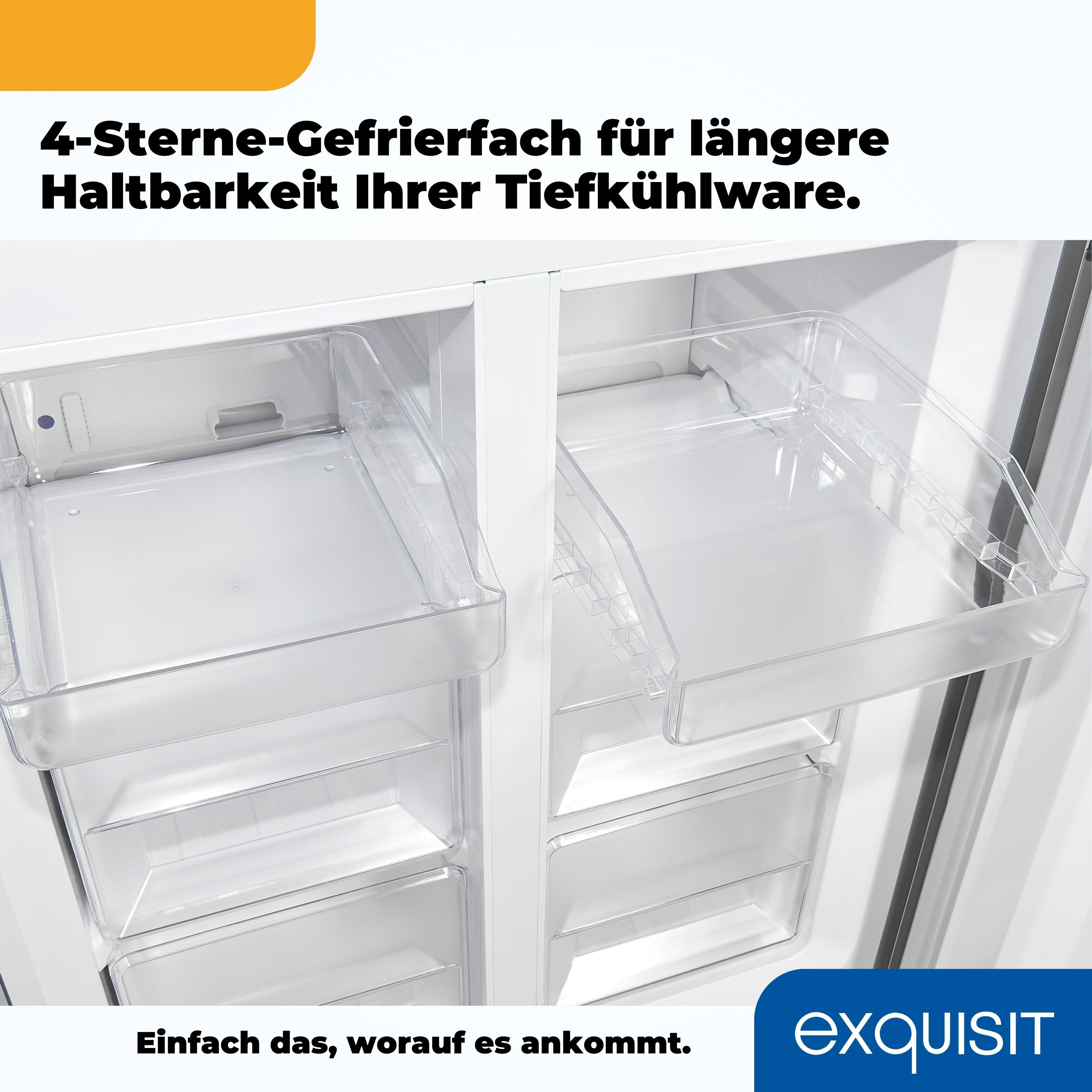 Ein weißer Kühlschrank mit offenen Gefrierschubladen. Text auf Deutsch sagt '4-Sterne-Gefrierschrank'.