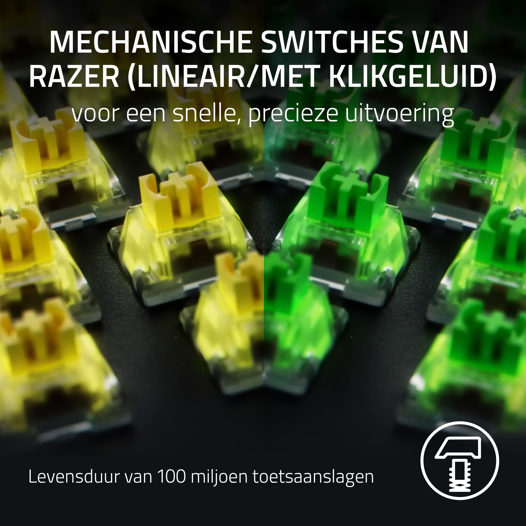 Zbliżenie przełączników klawiatury z żółtymi i zielonymi klawiszami. Tekst w języku niderlandzkim, reklamujący przełączniki Razer.