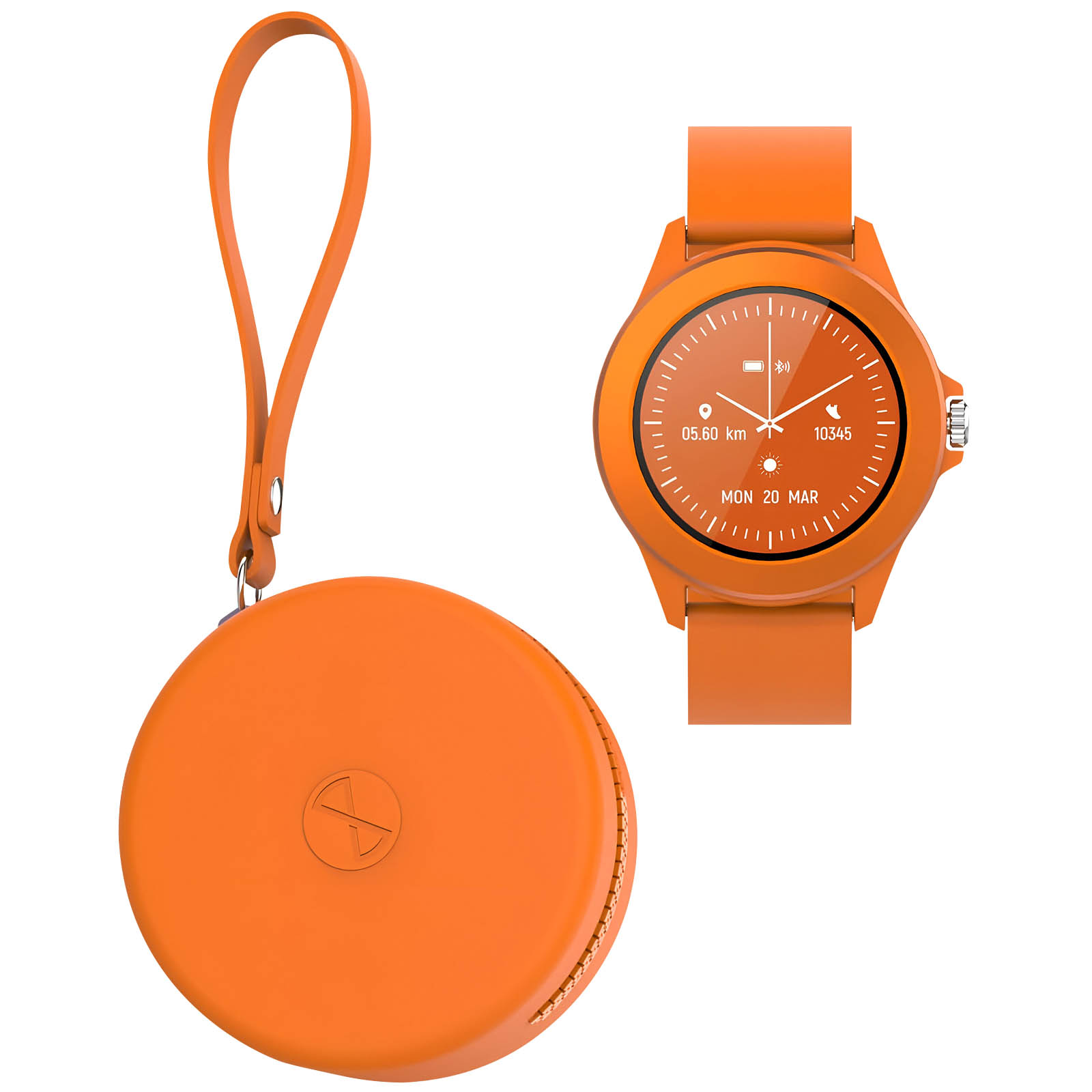 Pomarańczowy smartwatch i pasujący okrągły futerał. Zegarek wyświetla godzinę, dystans i datę.