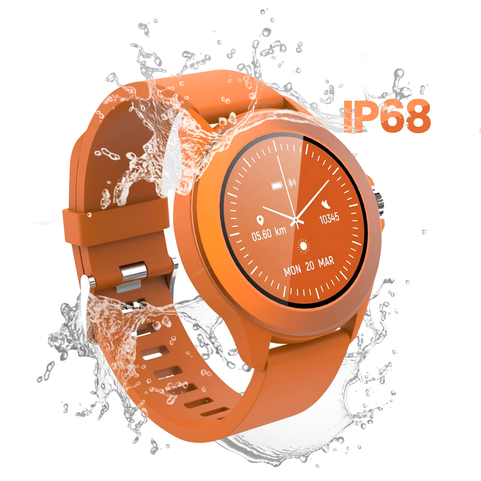 Wodoodporny pomarańczowy smartwatch. Zegarek wyświetla czas, dystans i datę, z kroplami wody wokół niego.