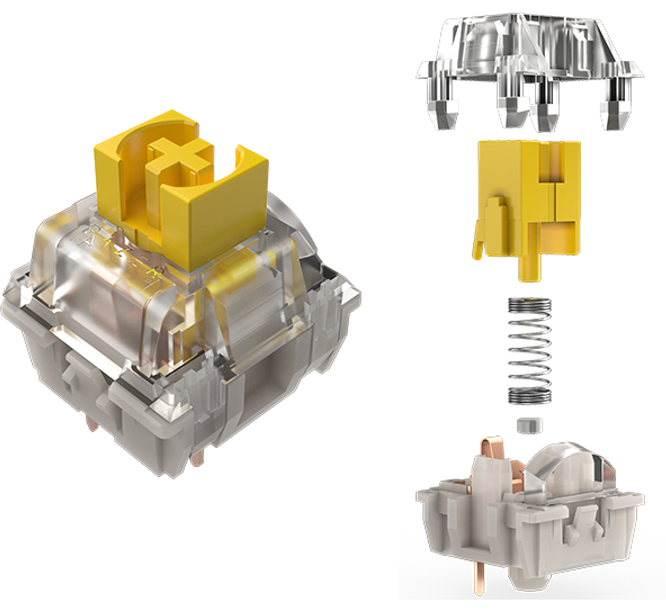Widok rozłożony przełącznika klawiatury mechanicznej. Widoczne żółte i przezroczyste plastikowe części. Czarne tło.