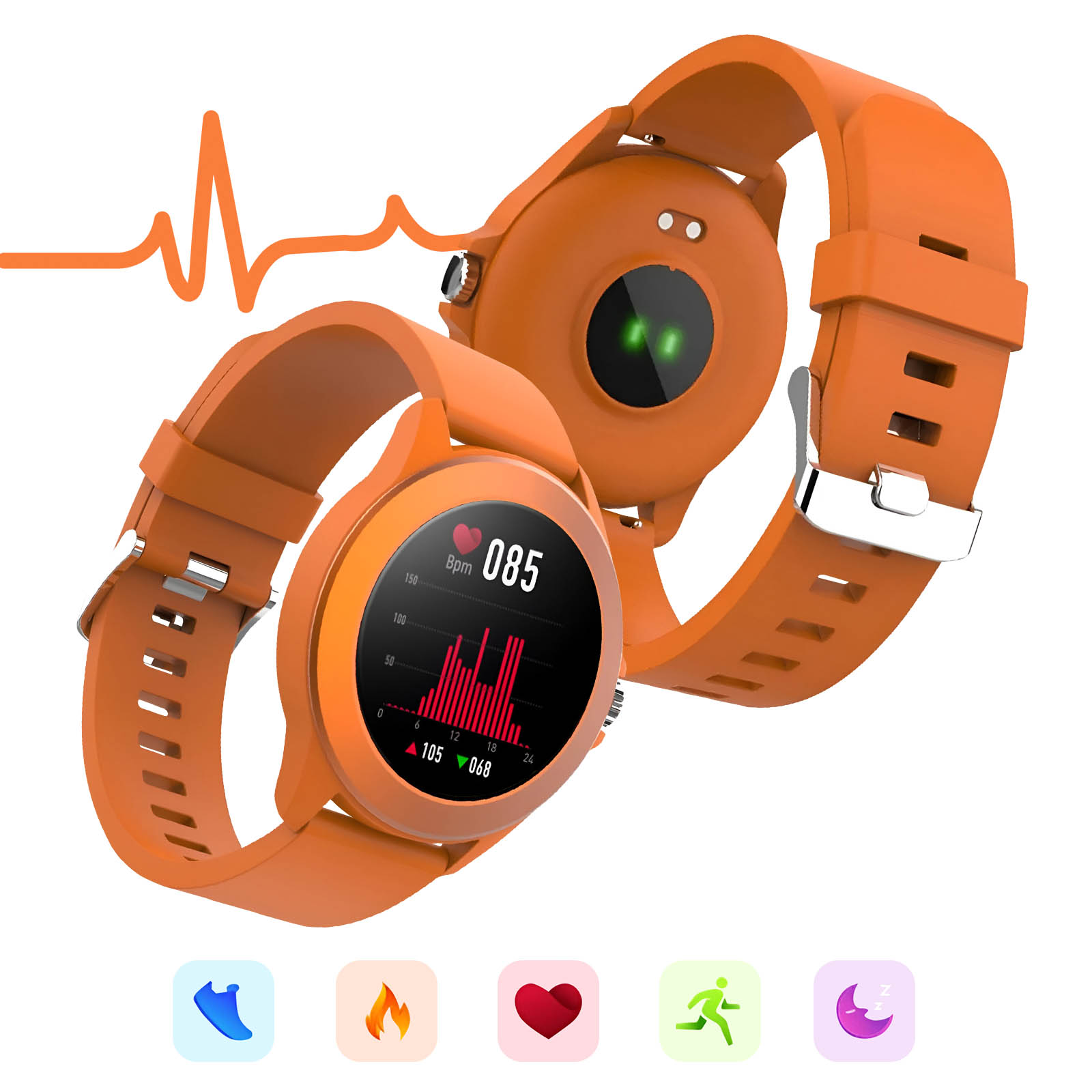 Wyświetlane są dwa pomarańczowe smartwatche. Ekran jednego pokazuje wykres tętna i numer.