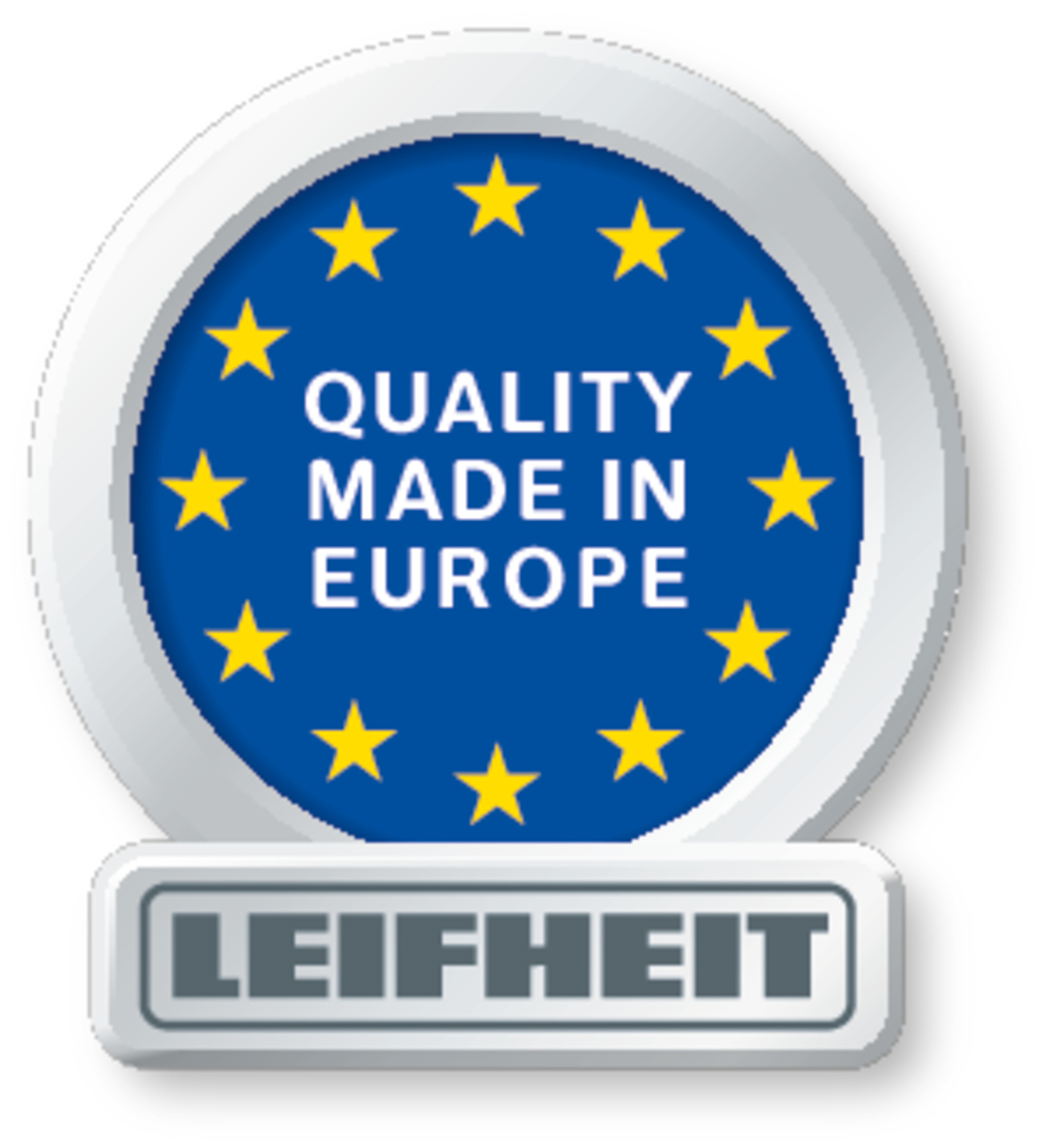 Odznaka z niebieskim kołem, gwiazdami i tekstem: "QUALITY MADE IN EUROPE" i "LEIFHEIT".