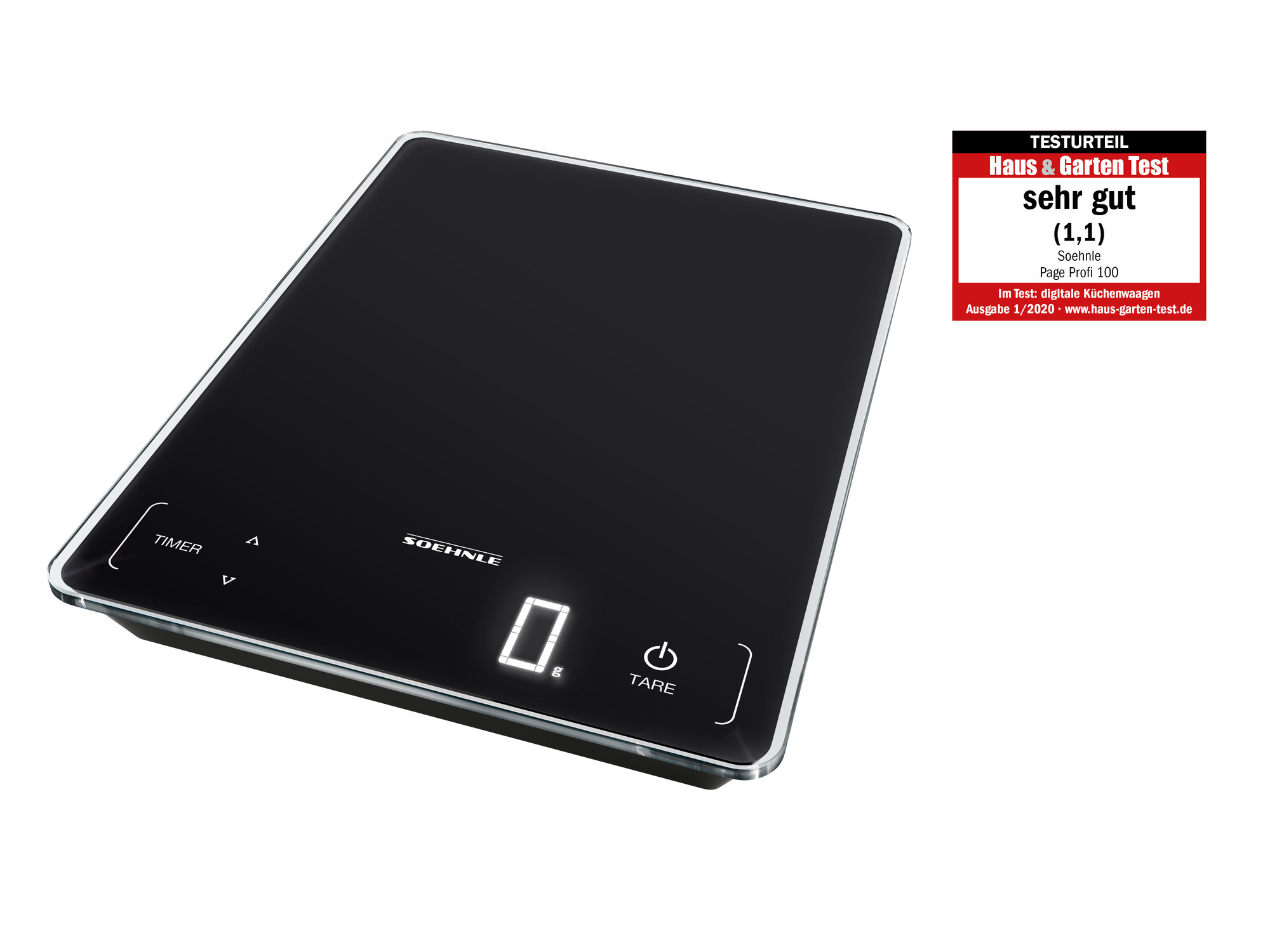 Czarna cyfrowa waga kuchenna. Tło: biała powierzchnia.